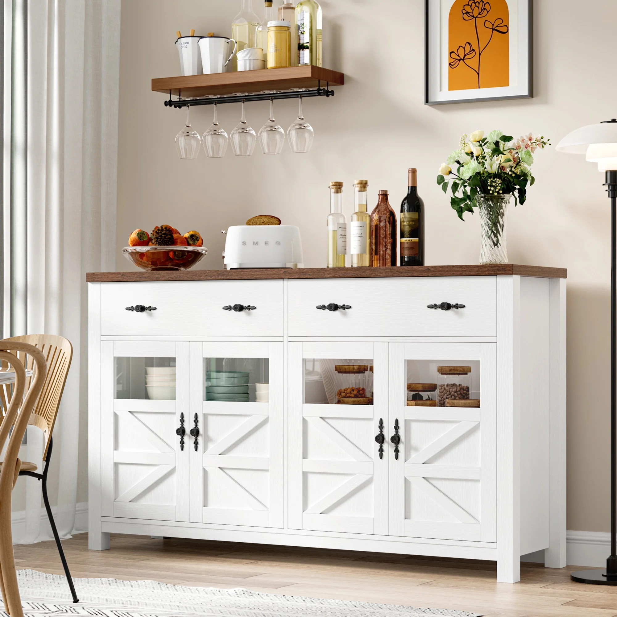 Homfa Farmhouse Kitchen Sideboard Buffet with 2 Drawer, Glass Door Wood Storage Cabinet Credenza with Adjustable Shelves, White