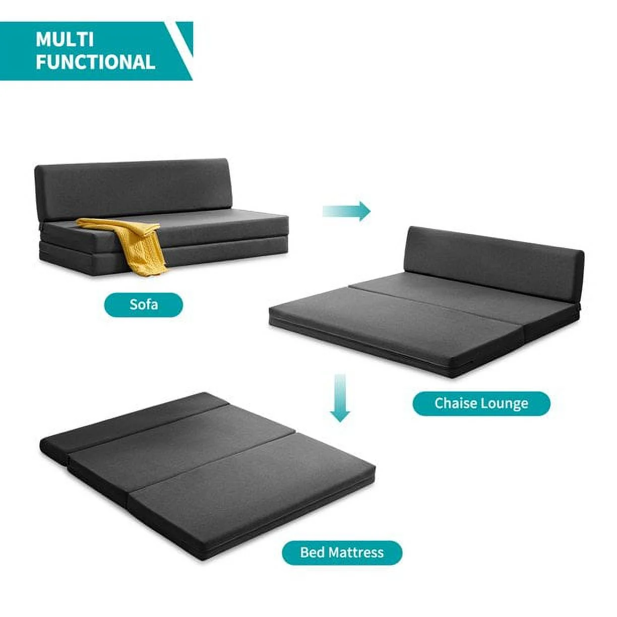 BALUS Convertible Sofa Bed, Living Room Couch Futon Chair, Adjustable Backrest Foldable Floor Sleeper for Small Room, Apartment, Guest Room, Gray