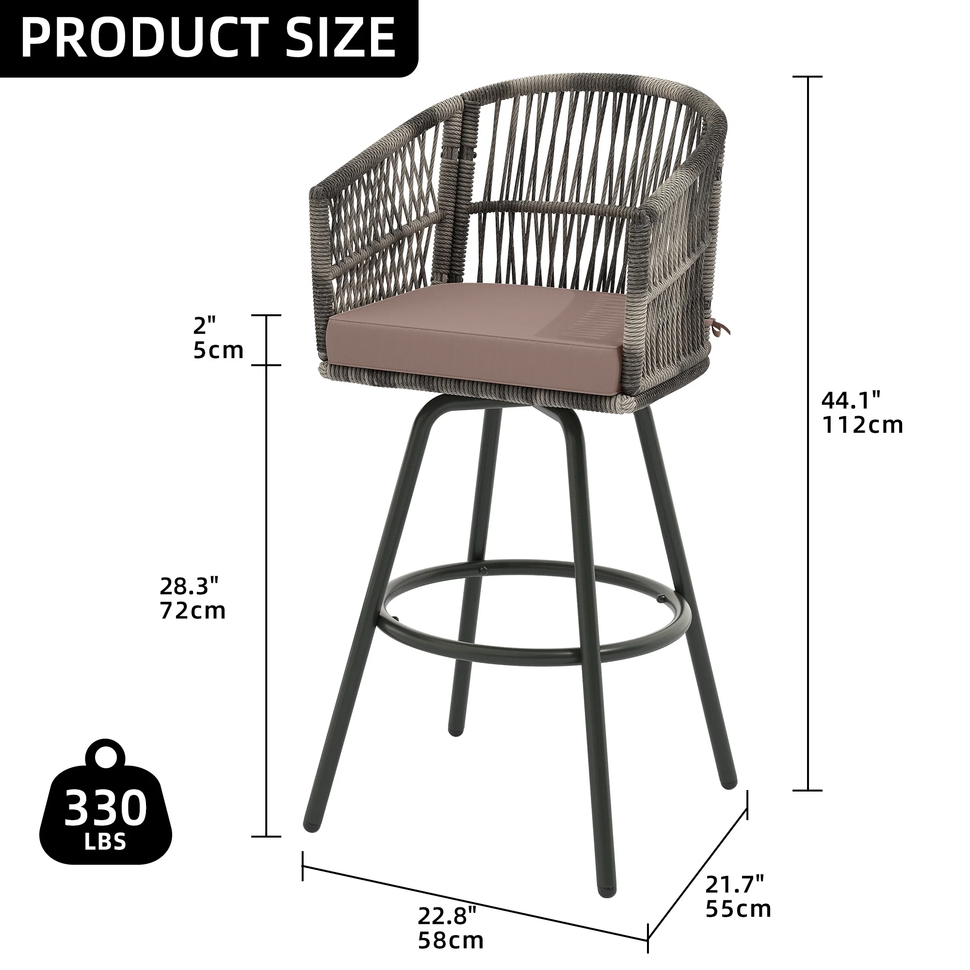 Dextrus Set of 4 Outdoor Rattan Wicker Bar Stools, Swivel Patio Bar Height Chairs, Counter Height Barstool with Cushions, Armrest and Footrest for Indoor, Garden, Poolside, Lawn, Backyard, Black