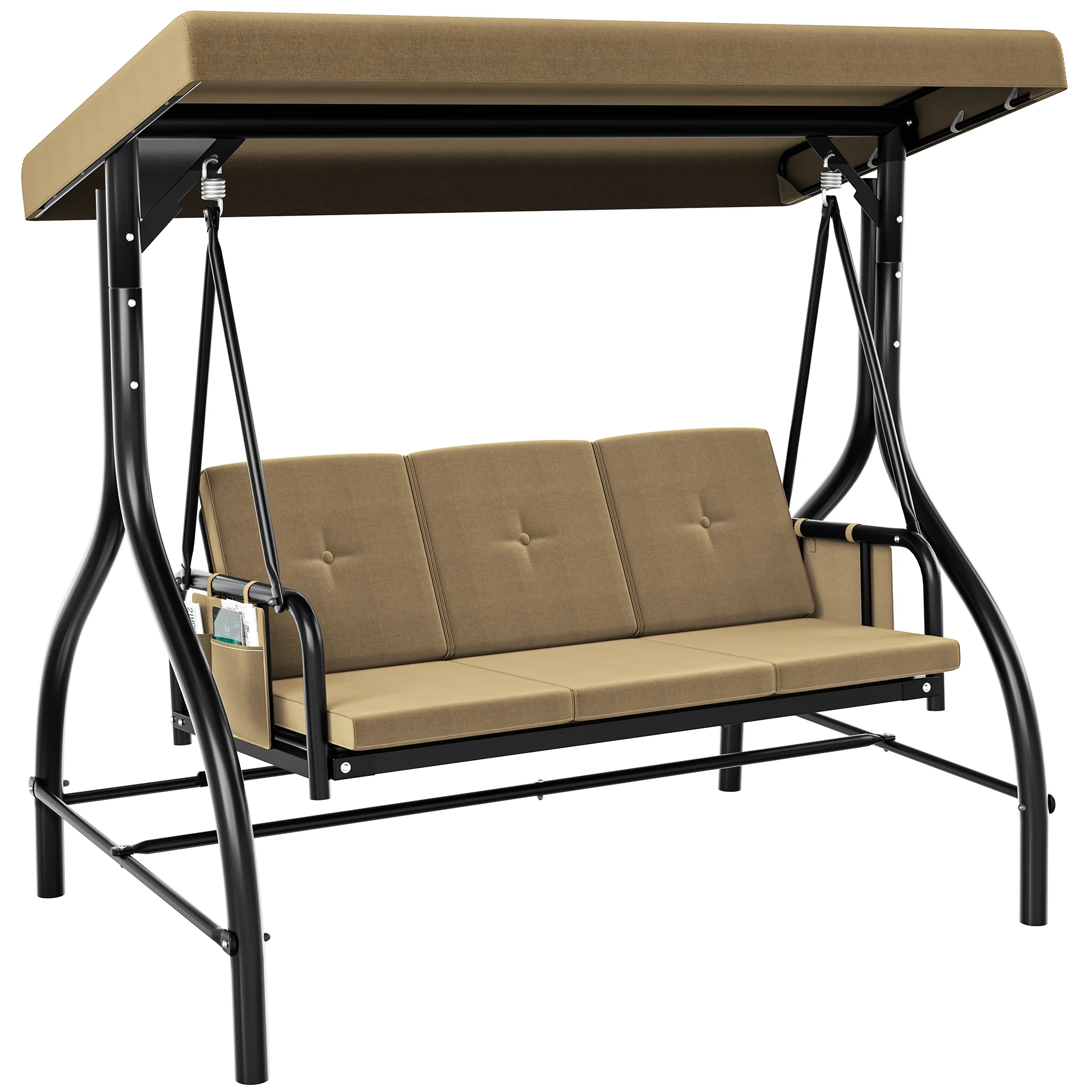 Dextrus Outdoor Patio Swing Bed for 3 People with Adjustable Canopy and Removable Cushion, Designed for Adults in Garden, Poolside or Balcony, Light Brown