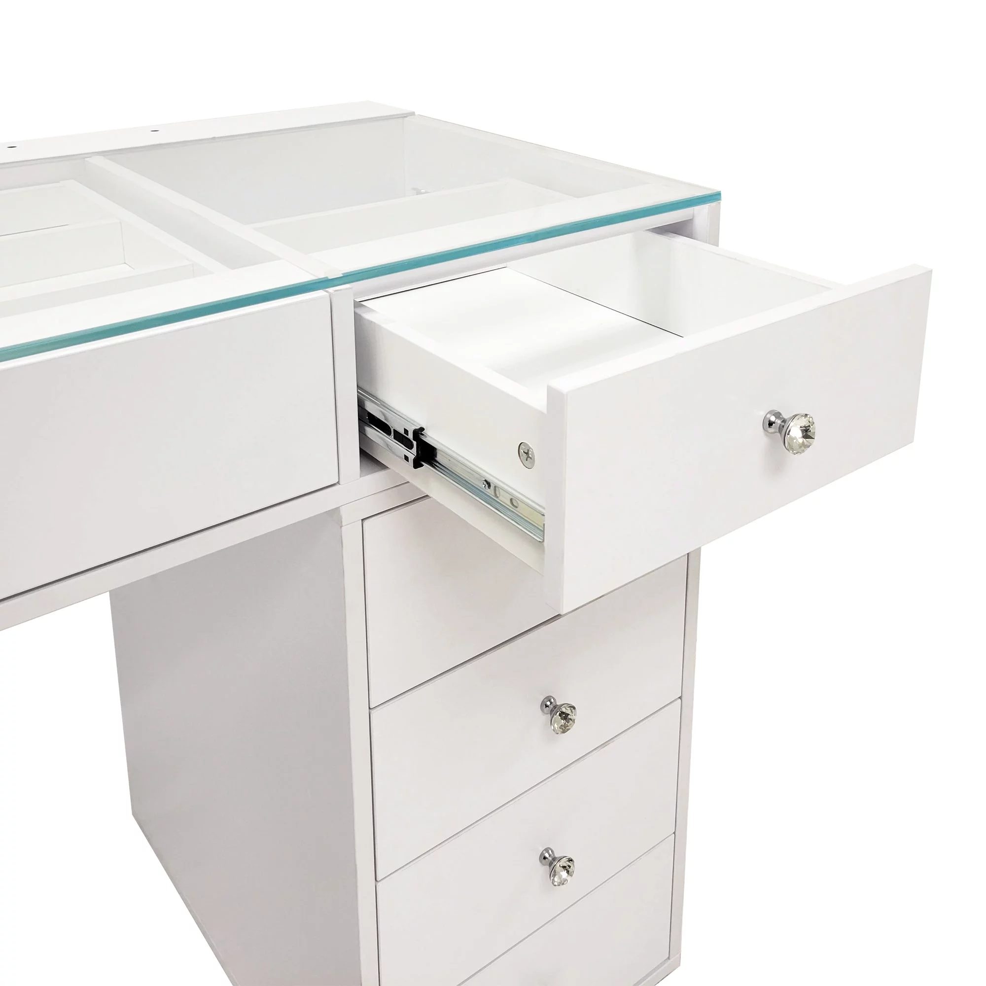 Impressions Vanity Slaystation Naomi Vanity Desk with Glass Tabletop with 10 Storage Drawers (White)
