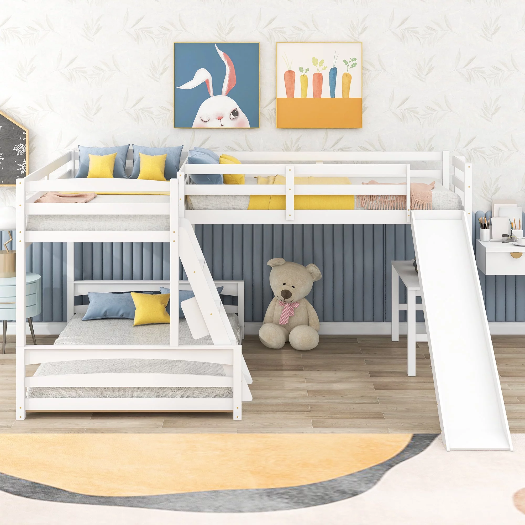 L Shaped Bunk Bed with Desk and Slide, Full-Length Guardrail, Wooden Twin over Full Bunk Corner Bed for Kids Teens Adults, 3 Beds in 1(White)