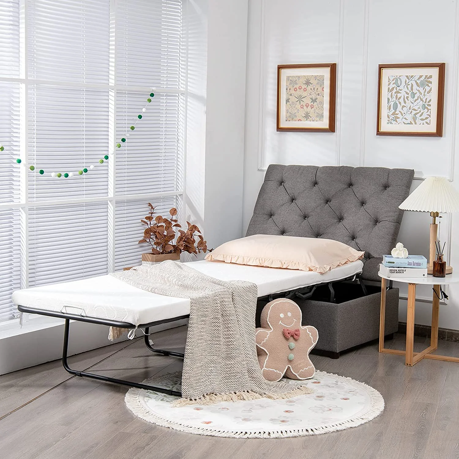 Ottoman Folding Bed, Fold Out Sleeper Bed with Mattress, Convertible Chair into Sofa Bed, Couch Sleeper w/Steel Frame, Dual Use Guest Bed Lounge Bed, Living Room Bedroom Office (Grey)