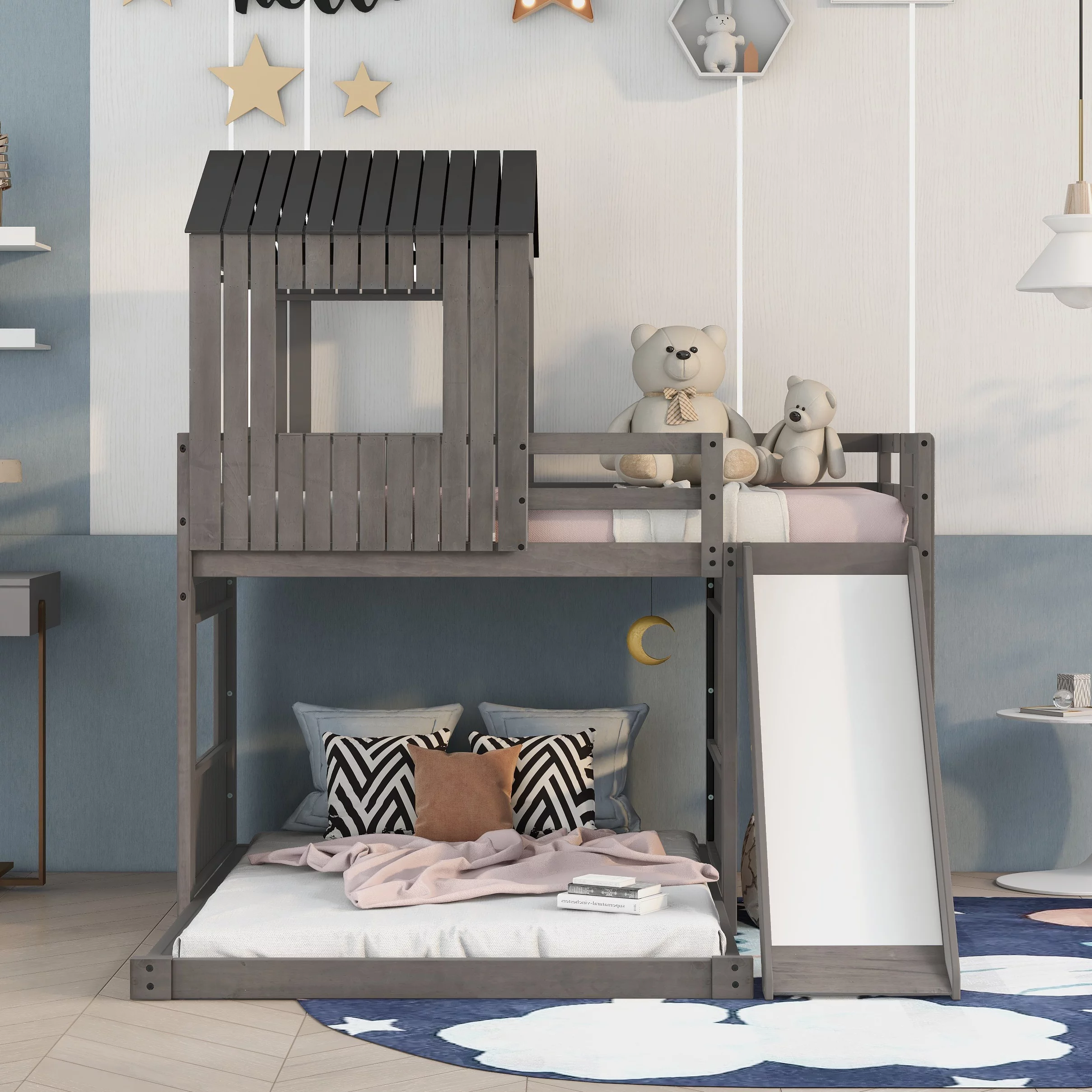 Bellemave Twin Over Full House Bunk Bed with Slide, Wood L-Shaped Fort Loft Bunk Beds Frame with Ladder, Floor Playhouse Bed for Kids, No Need Spring Box (Antique Gray)