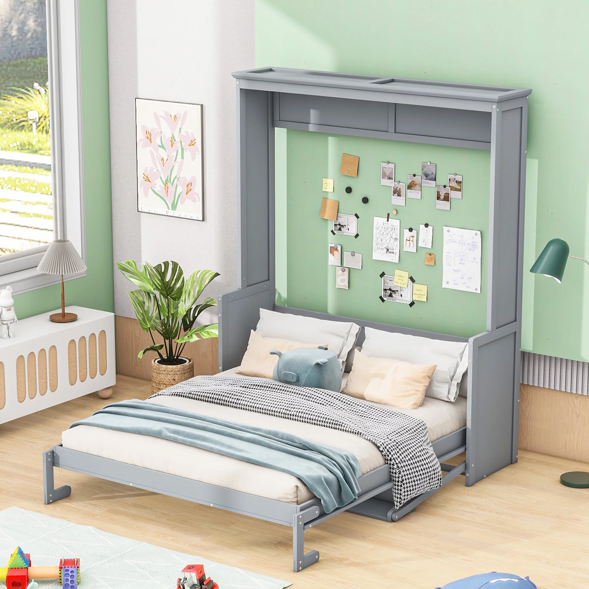 Euroco Queen Size Murphy Bed with Desk and Shelf, Convertible Wall Bed into a Cabinet for Living Room, Guests Room, Space-Saving & Easy Open and Close, Gray