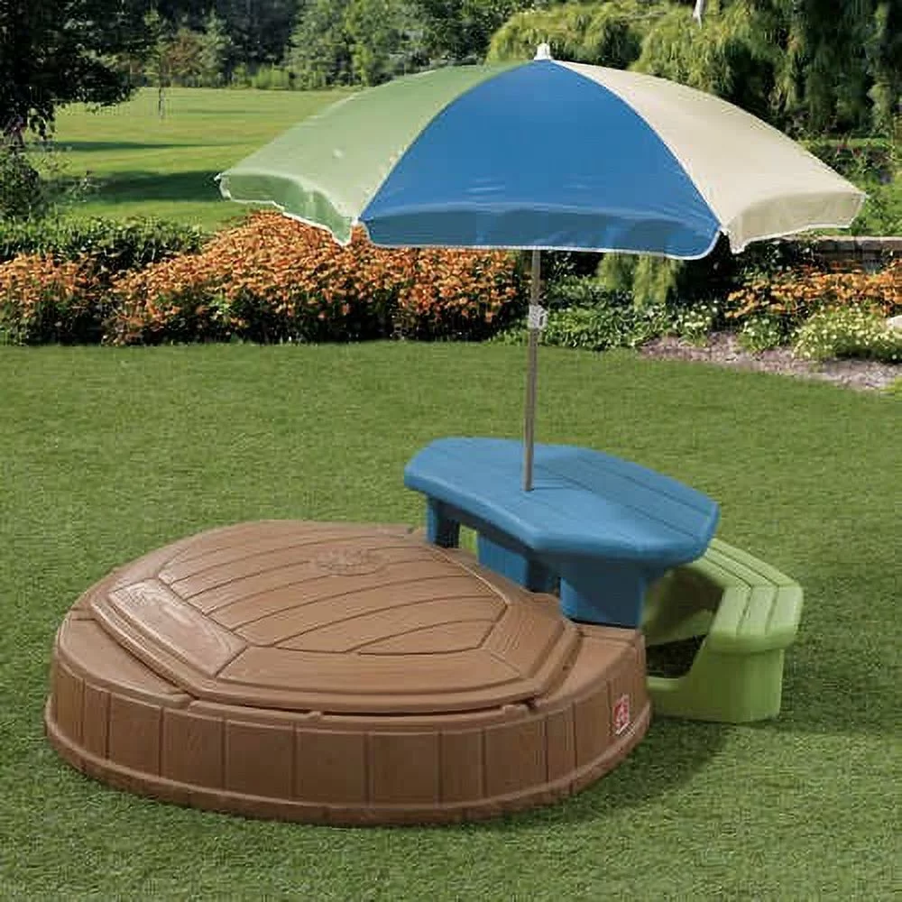 Step2 Summertime Play Center and Brown Plastic Sandbox for Kids with Cover Picnic Table and Umbrella
