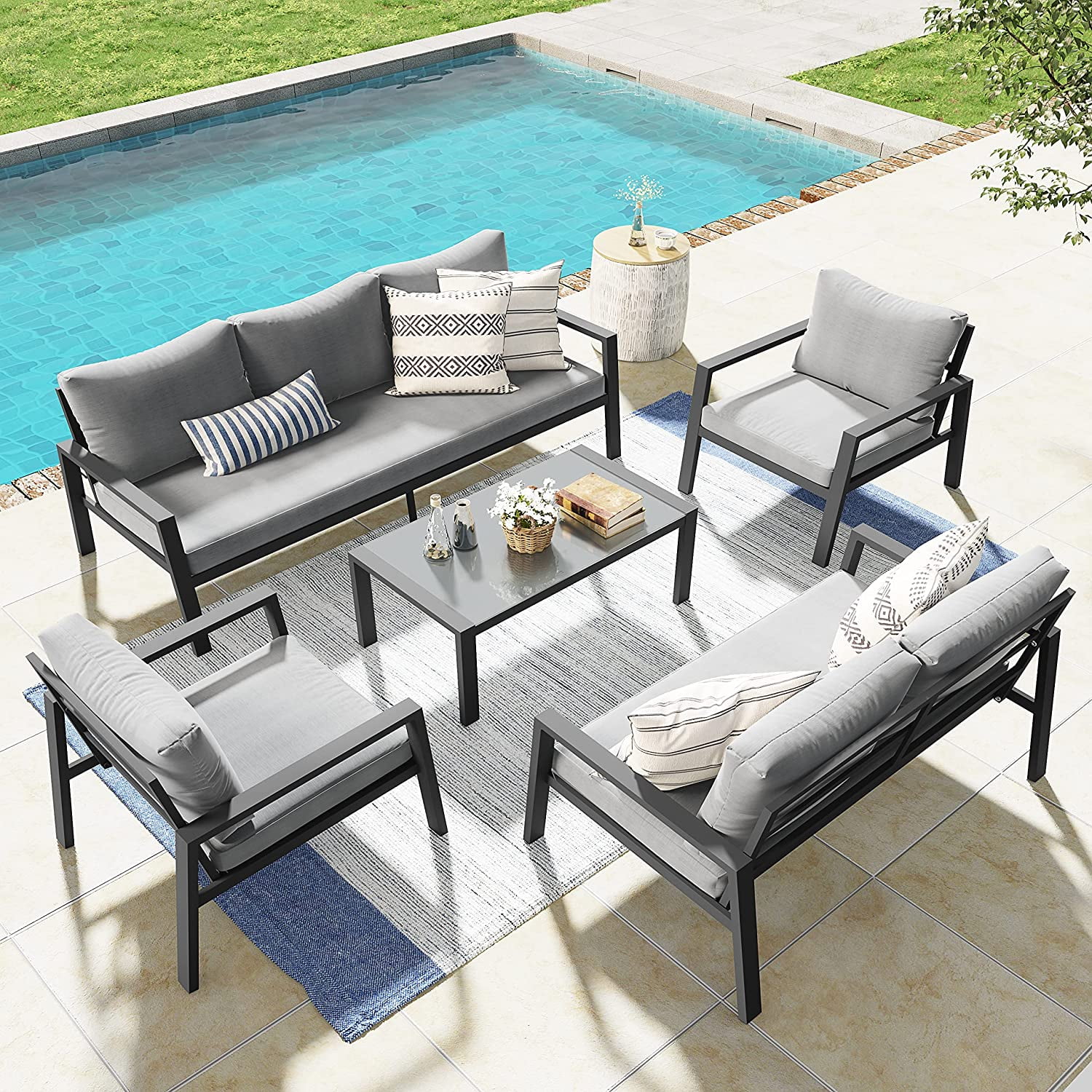 Jardin Outdoor Aluminum Patio Furniture Set  5 Piece Patio Conversation Set with Removable Cushions  Modern Outdoor Sectional Sofa with Glass Coffee Table  Dark Grey Finish & Grey Cus