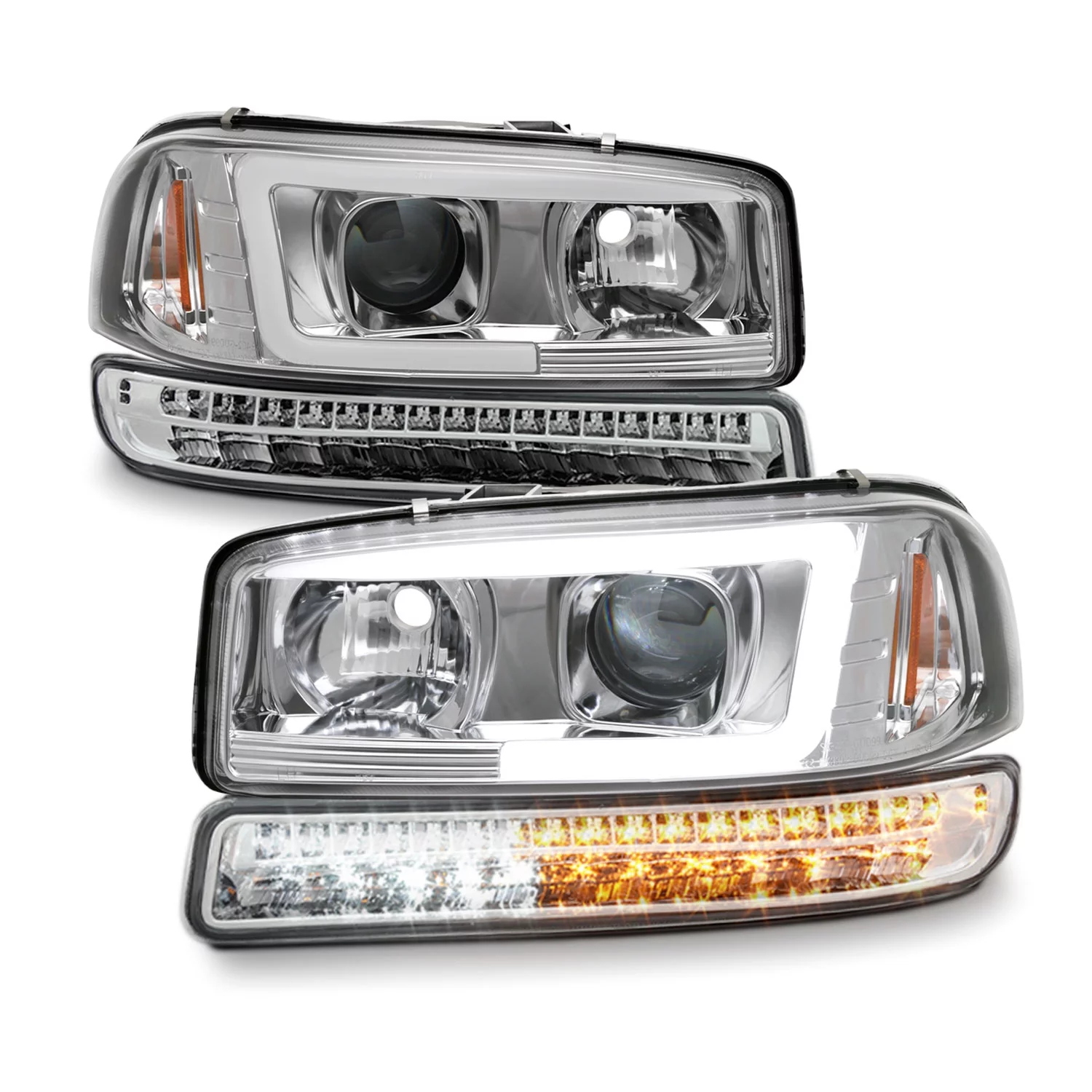 AKKON - For 99-06 GMC Sierra 1500 2500HD 3500 C3 Yukon XL Chrome LED Tube Projector Headlights + LED Bumper Lamp Pair