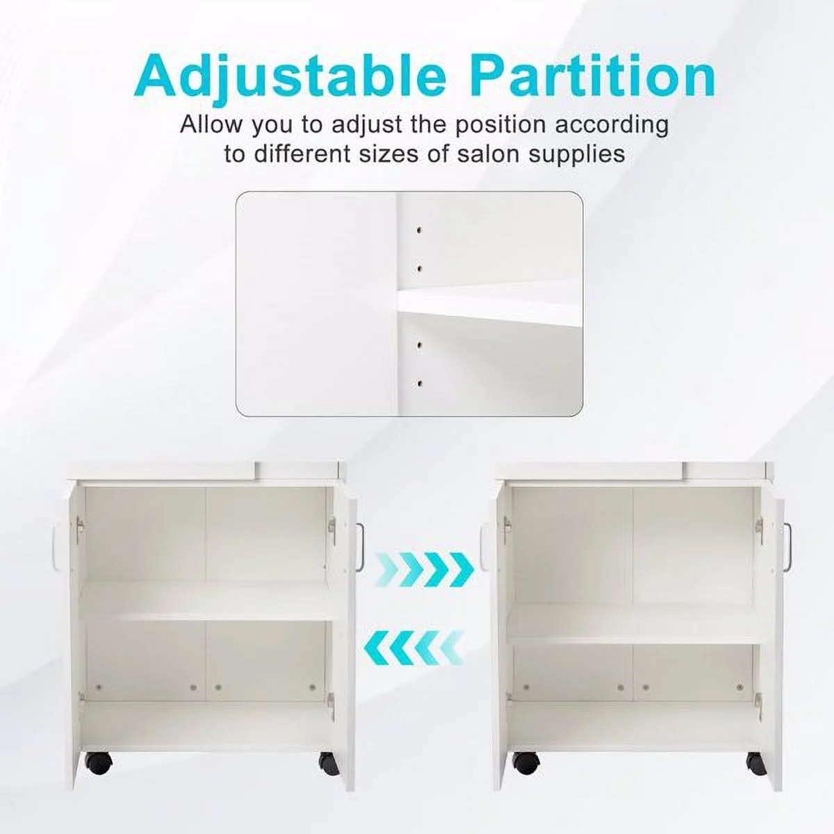 Salon Trolley Cart with Wheels, Salon Station Rolling Cart with 5 Hair Dryer Holders, 2 Drawers, 1 Large Cabinet (White)