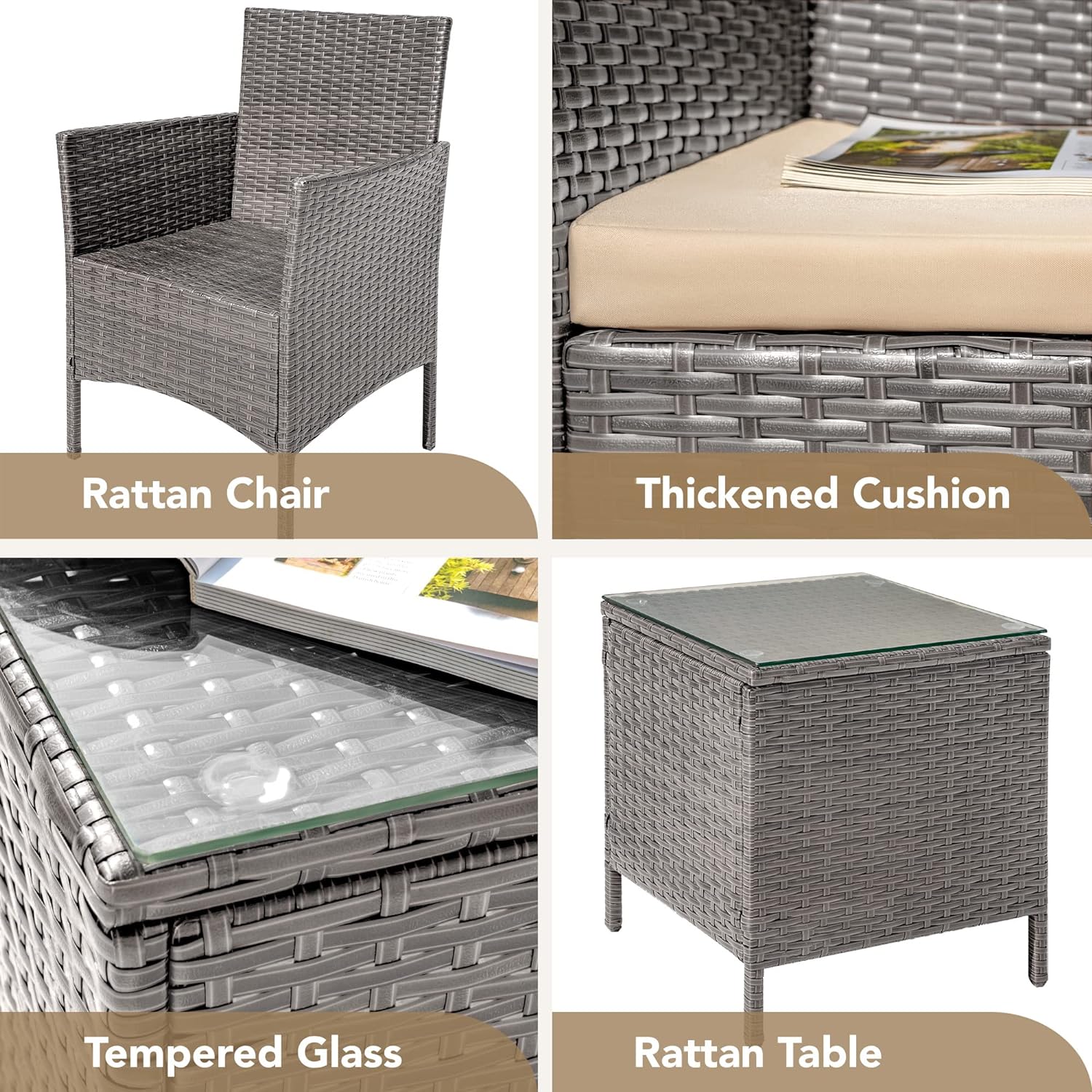 3 Pieces Patio Furniture Sets Clearance PE Rattan Wicker Chairs with Table Outdoor Garden Porch Furniture Sets (Light Grey)