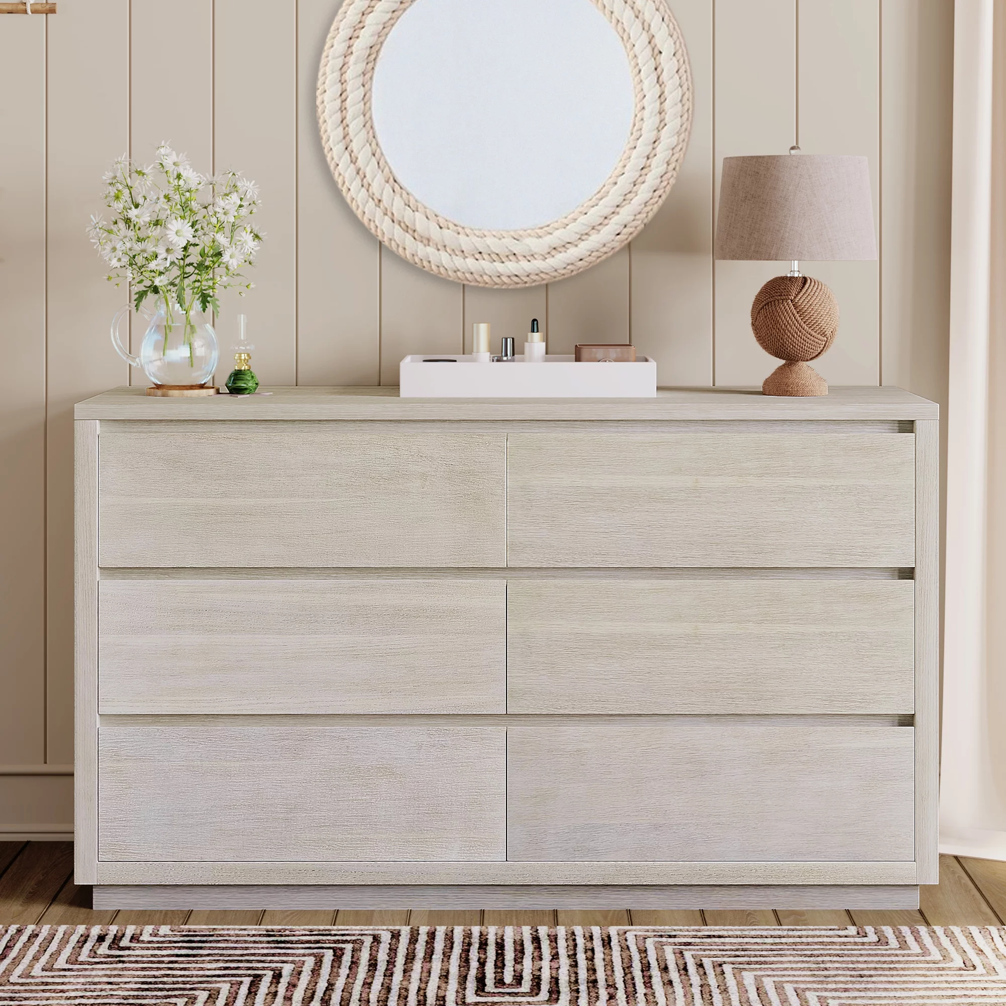 Modern Style Soild Wood 6-Drawer Dresser for Bedroom, Living Room, Stone Gray