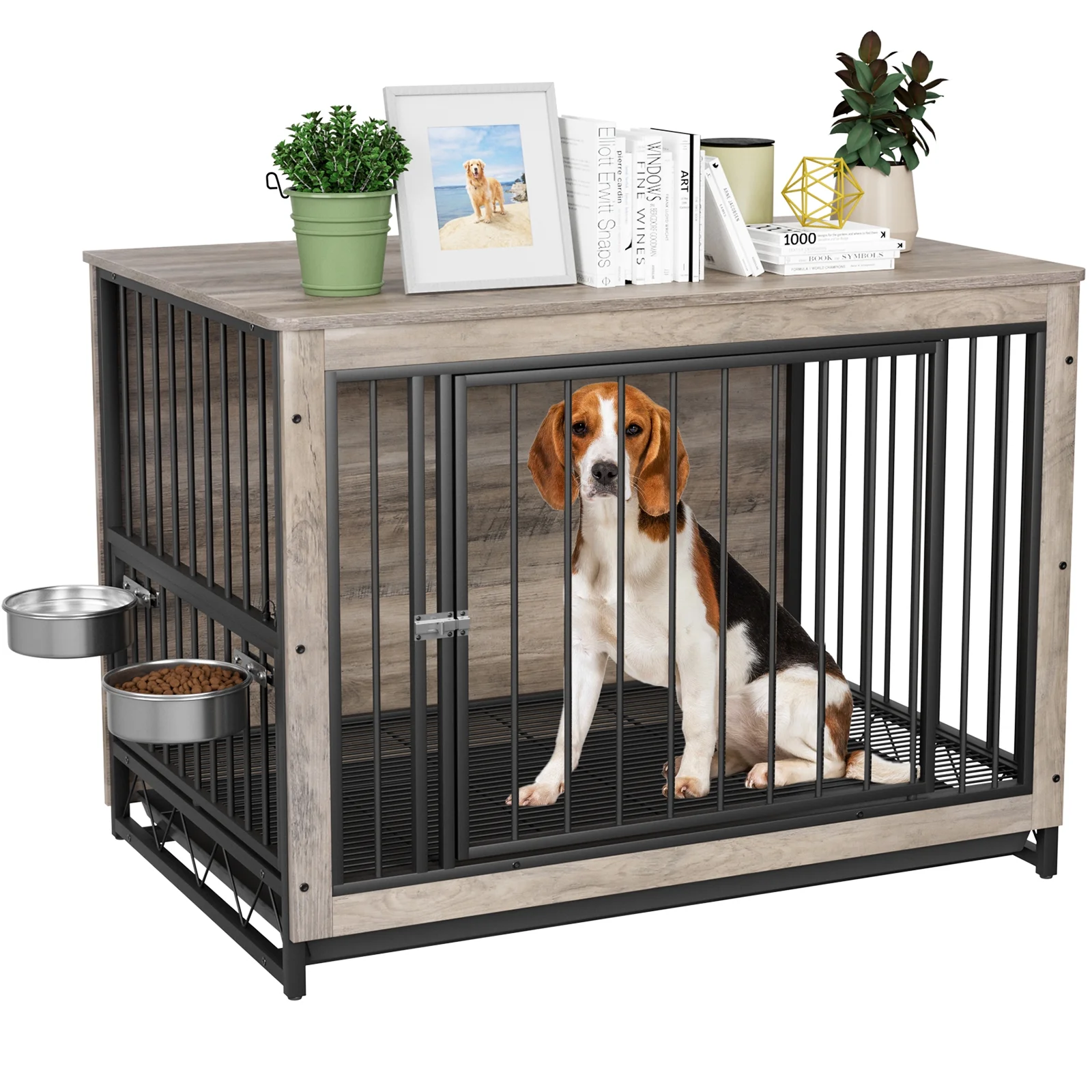 Pirecart  39.4in Wooden Dog Crate Furniture, Dog Kennels with Pull-Out Tray and 2 Bowls
