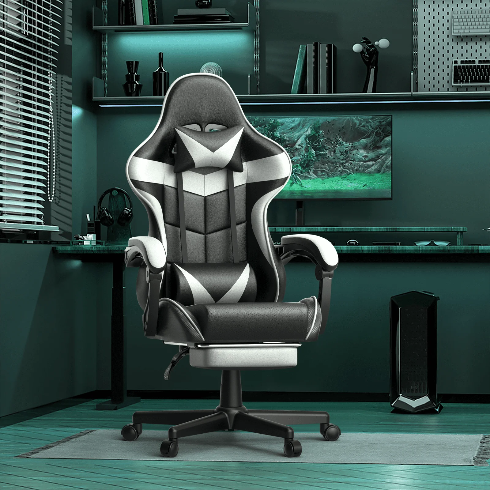 Soontrans Gaming Office Chair with Footrest, Ergonomic Leather Massage Game Chair with Lumbar Support & Headrest, White