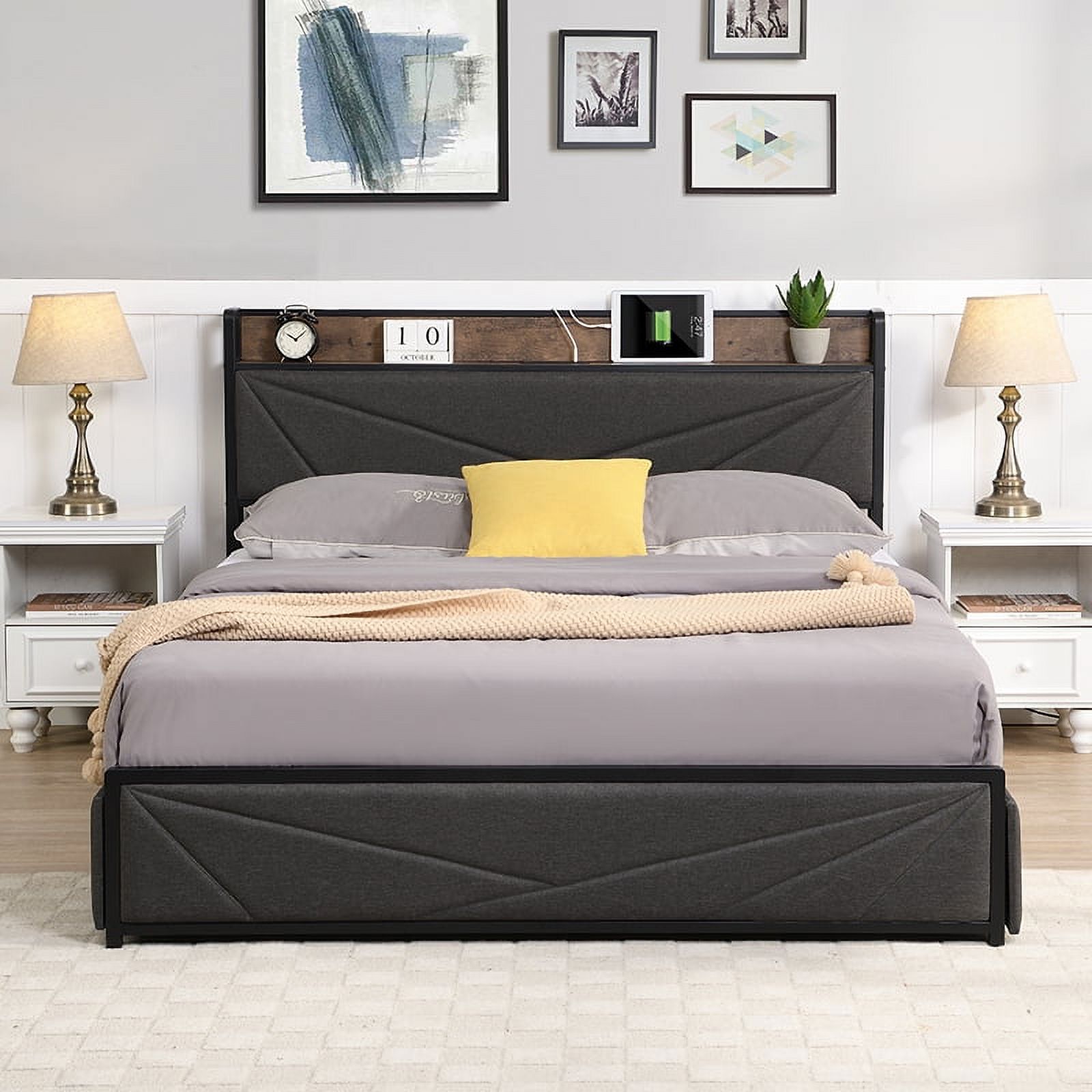 CoSoTower Queen Bed Frame, Storage Headboard with Charging Station, Solid and Stable, Noise Free, No Box Spring Needed, Easy Assembly