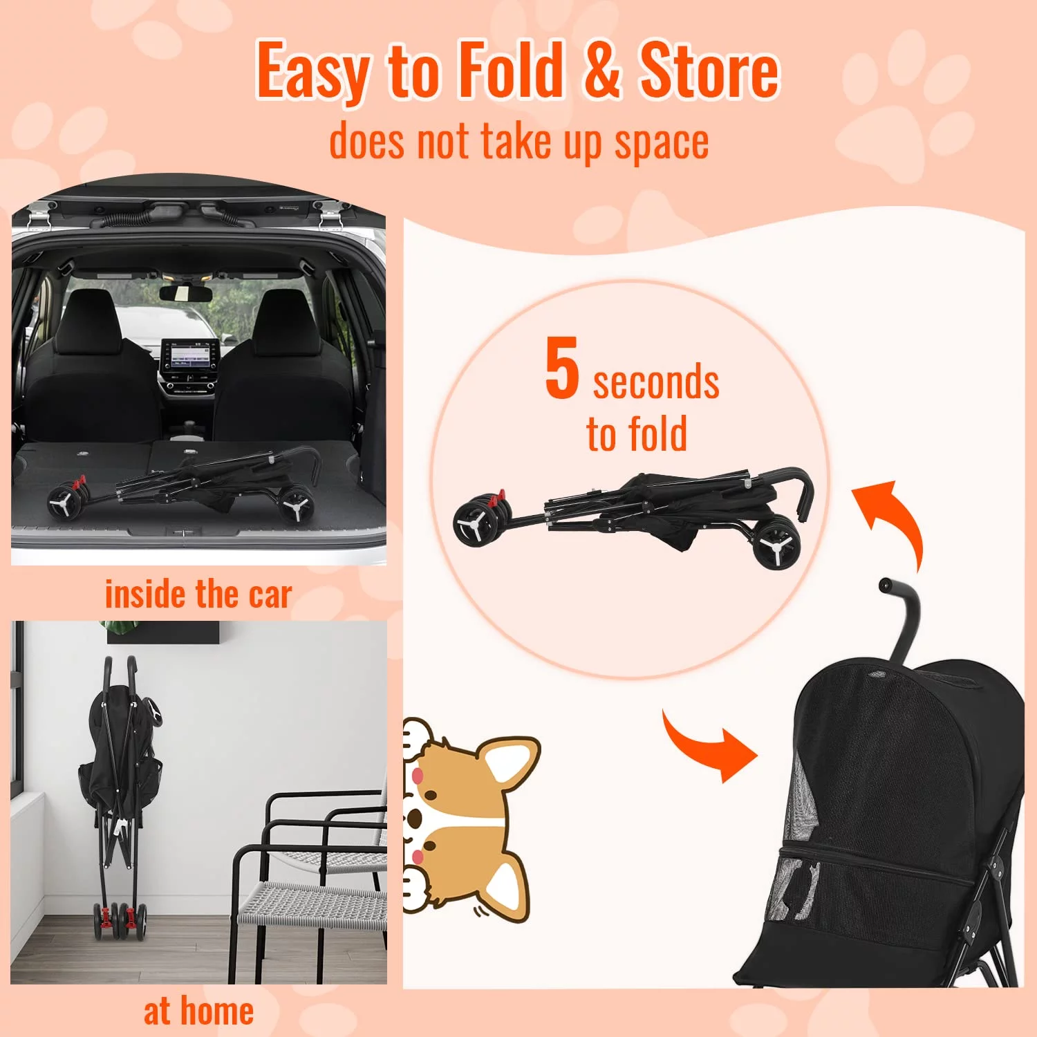 Pet Stroller Dog Cat Stroller with Handlebars Canopy Breathable Mesh & Leash Seat Belt Foldable Puppy Stroller for Small Medium Dogs Cats,Black