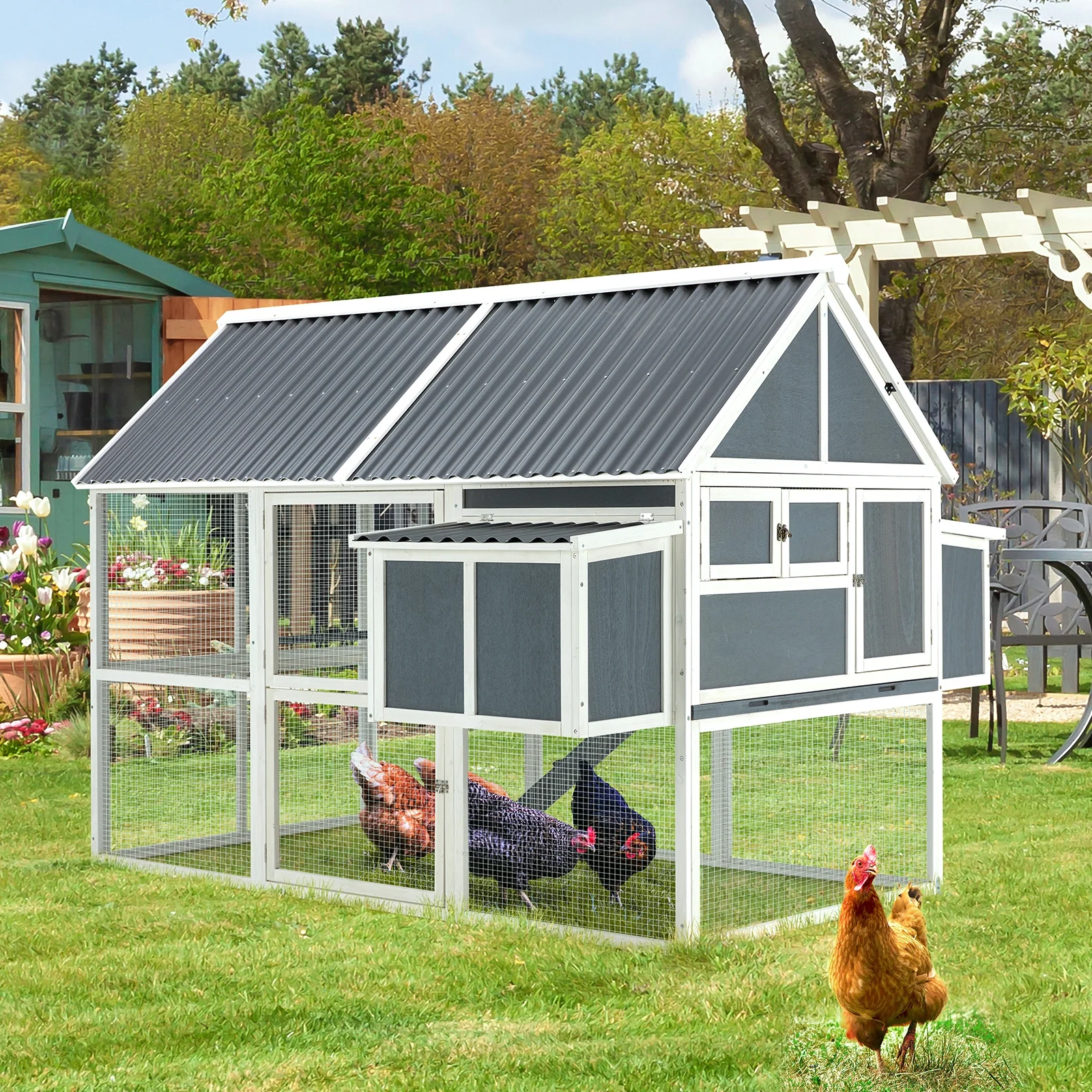 YODOLLA 84” Large Chicken Coop Outdoor Wooden Hen House Poultry Cage with 2 Nesting Boxes & Removable Tray,Gray