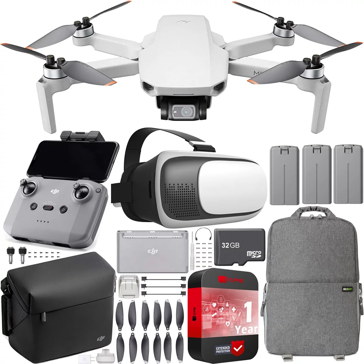 DJI Mini 2 Fly More Combo Foldable Drone Quadcopter with 4K Video Camera, 3-Axis Gimbal, 31 Min Flight Time, OcuSync 2.0 Bundle w/ 1 YR CPS Protection Pack+ FPV Pilot Headset + Backpack & Accessories