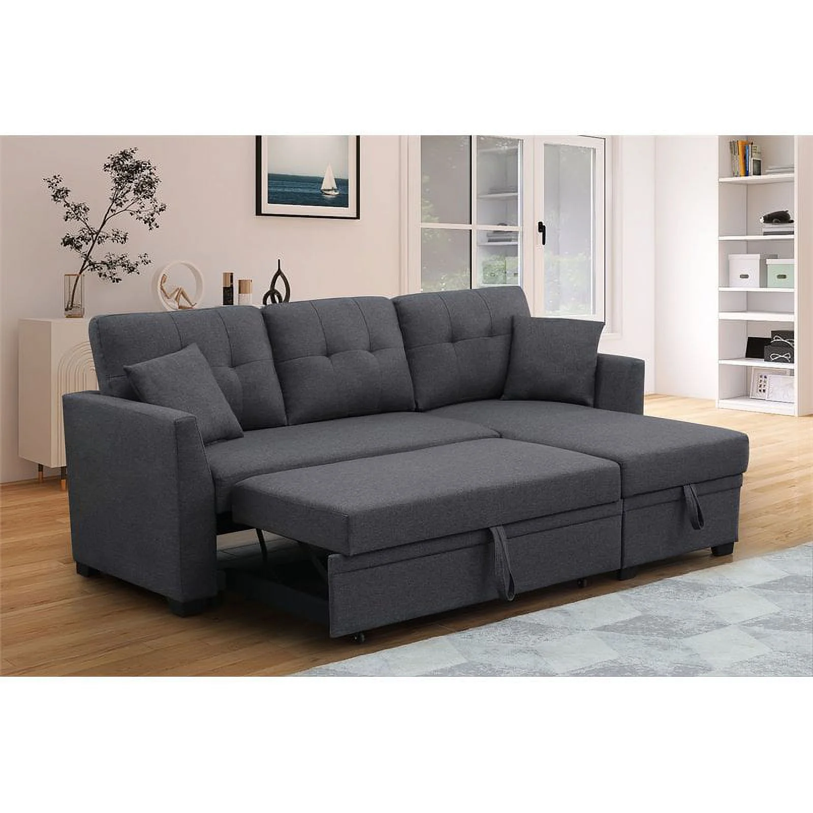 Alexent 3-Seat Modern Fabric Sleeper Sectional Sofa with Storage in Dark Gray