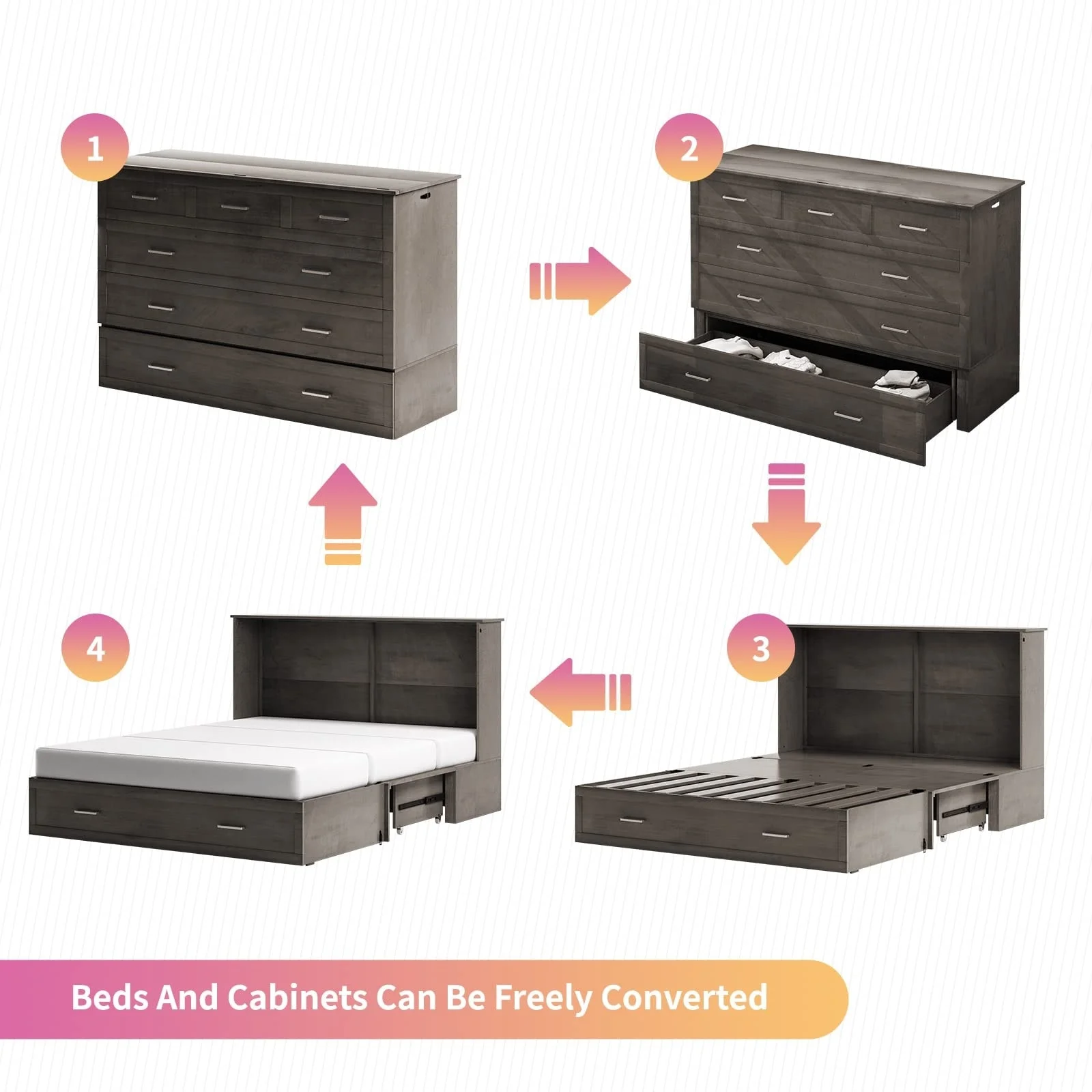 Mixoy Cabinet Murphy Bed Chest with Mattress,Charging Station,Drawers Cherry
