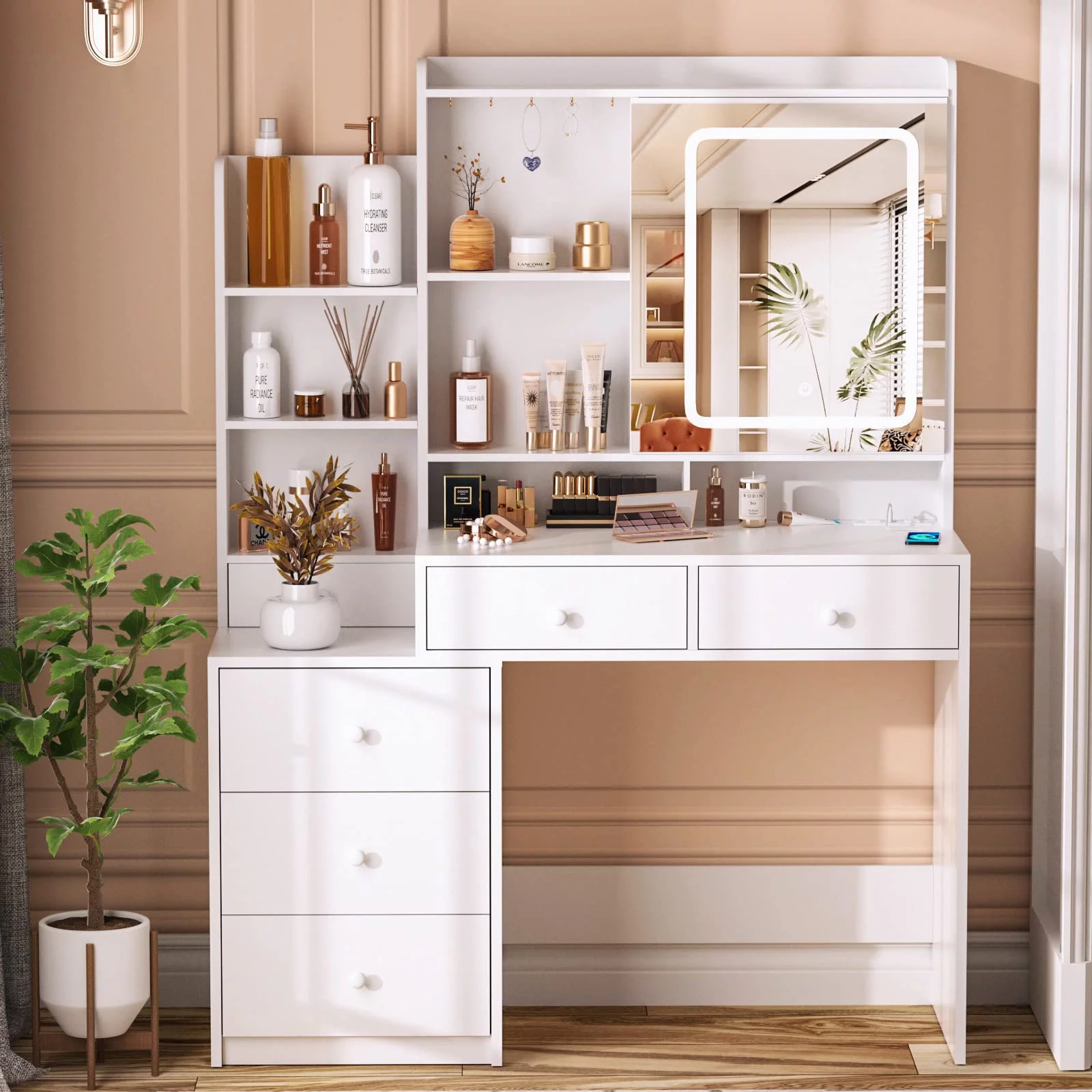 Veanerwood Vanity Table with Mirror and Lights, Modern Makeup Vanity Desk with Drawers and Power Strip, Bedroom Dressing Table, 43.3in, White