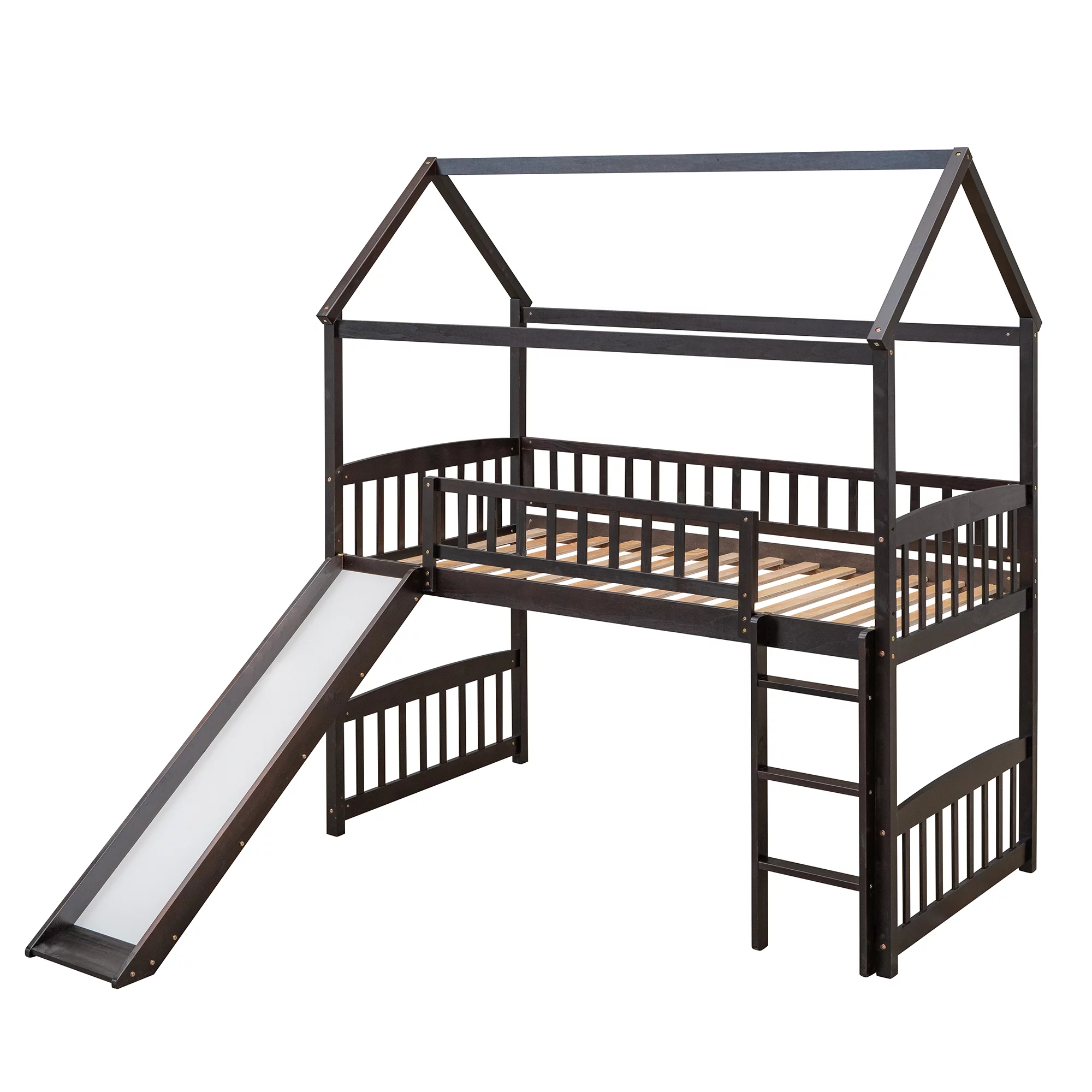 CoSoTower Twin Loft Bed with Slide, House Bed with Slide, Espresso