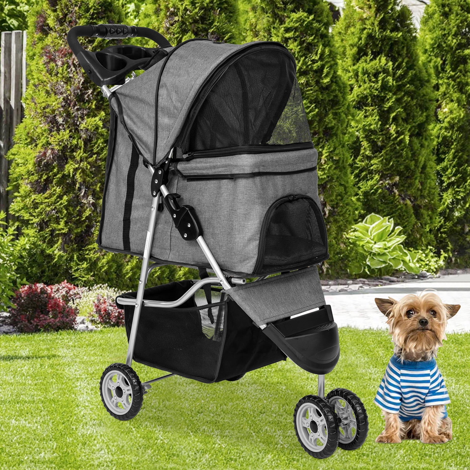 3 Wheels Pet Stroller Folding Dog Stroller Cat Stroller with Cup Holder & Storage Basket for Medium Small Dogs Cats, Grey