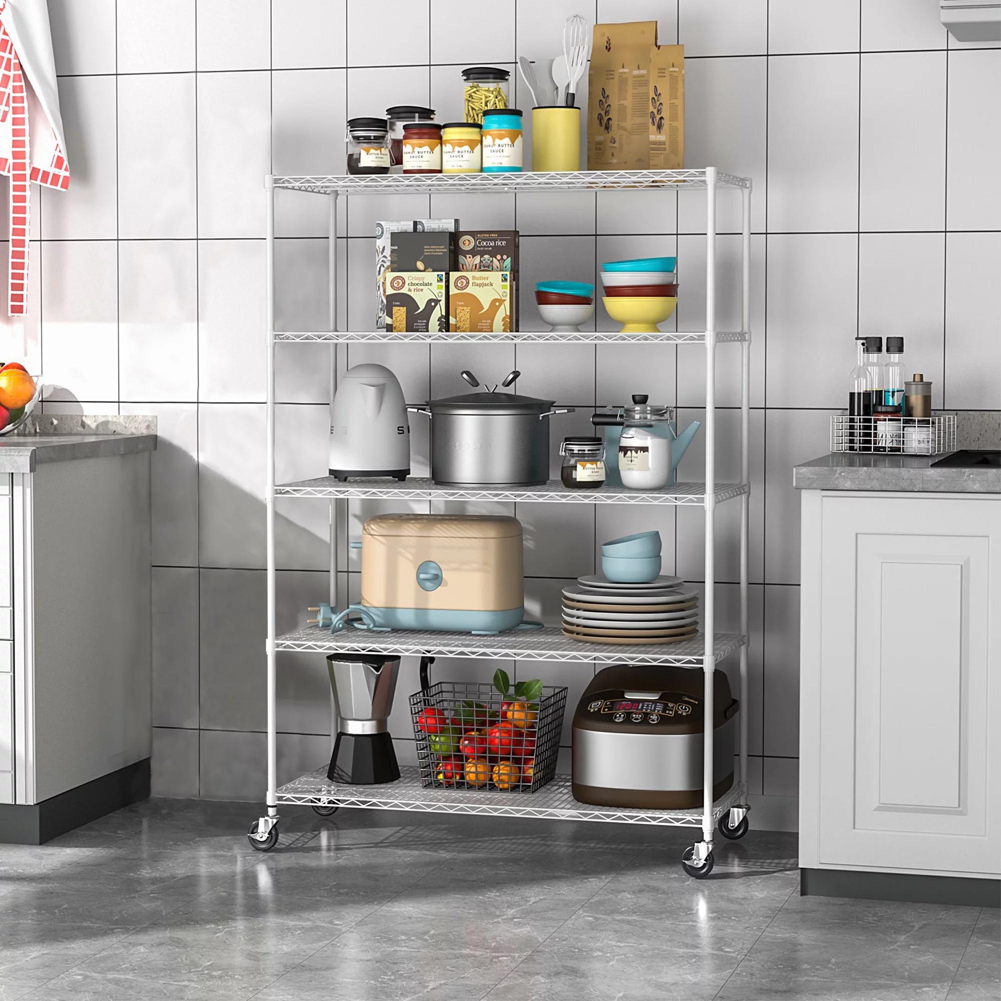 Ufurpie 5-Tier 750 lbs Metal Shelving Unit with Wheels,Adjustable Wire Large Storage Shelves,for Kitchen Garage Bathroom,White