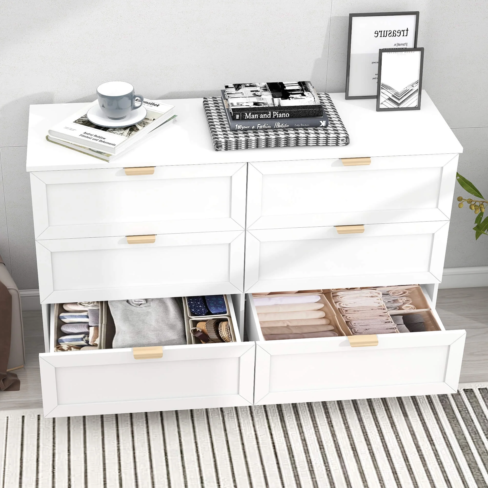 6 Drawer Dresser for Bedroom, Modern Long Dresser Chest With Large Drawer, Wooden Chest of Dresser Storage Cabinet Organizer Unit