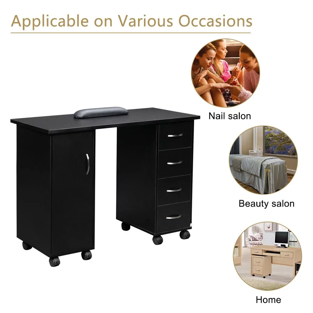 Winado Manicure Nail Table Beauty Salon Station Desk Black with Wheels