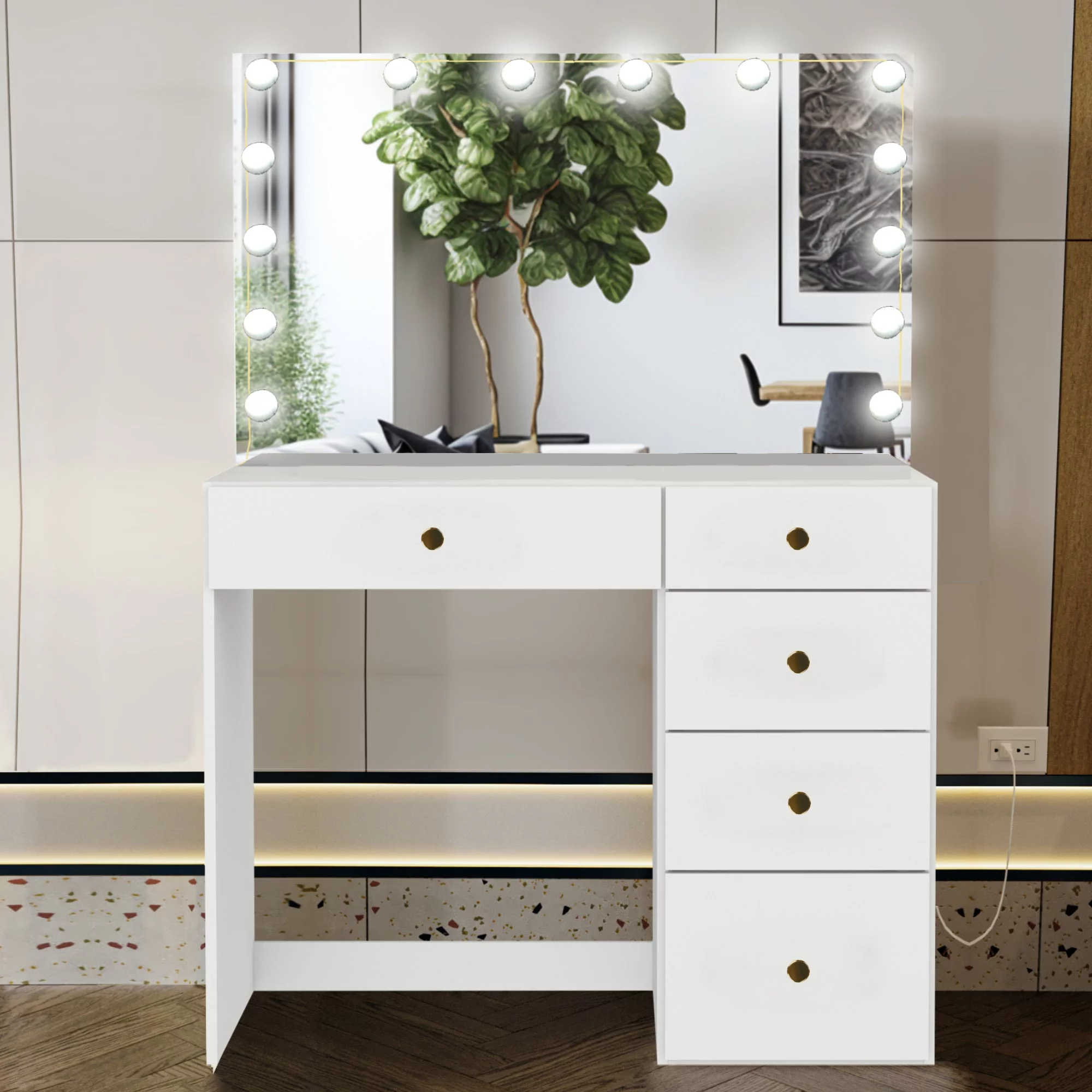 Boahaus Amelia PRO Modern Vanity Desk with 5 Drawers, Lights, Golden Knobs, Wide Mirror, White