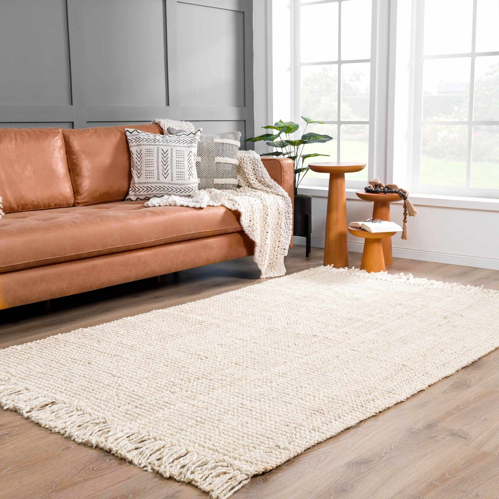 Hauteloom Senneterre Solid Sea Grass Bleached Jute Rug - Natural Fiber Large Area Rug - Natural Fringe Tassel - Rattan Wicker Look Carpet - Beige, Cream - 12' x 15'