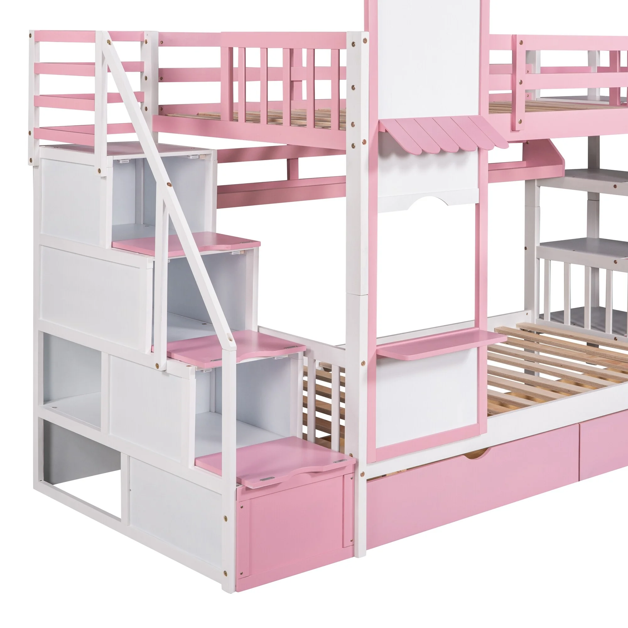 Twin Castle Style Bunk Bed with 2 Drawers, 3 Shelves and Slide, Pink