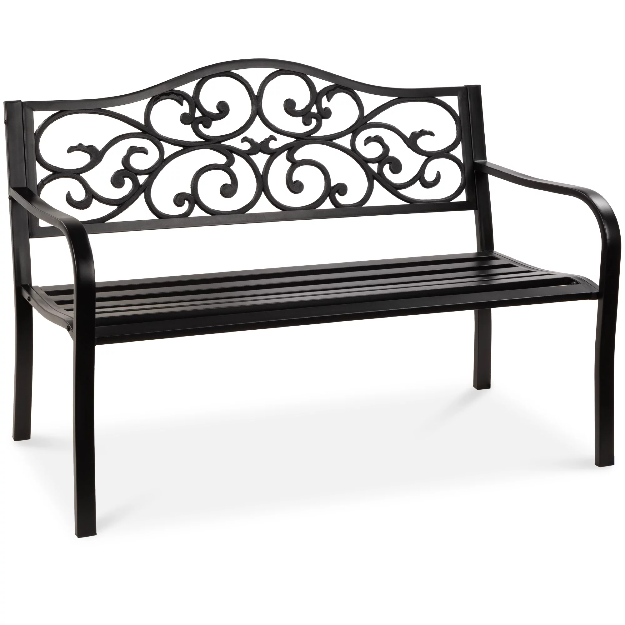 Best Choice Products 50in Classic Steel Patio Garden Bench for Yard, Porch w/ Decorative Floral Scroll Design - Black