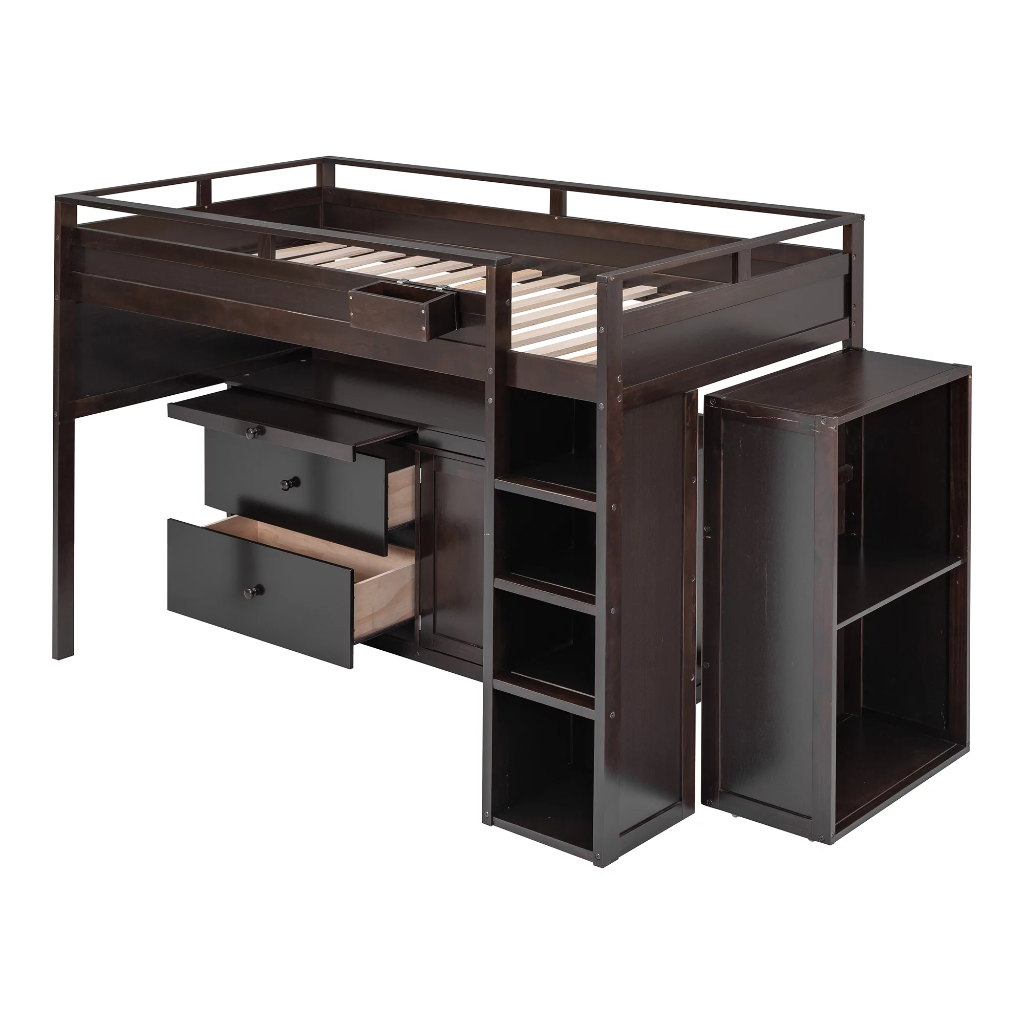 CoSoTower Loft Bed with Rolling Cabinet and Desk - Espresso