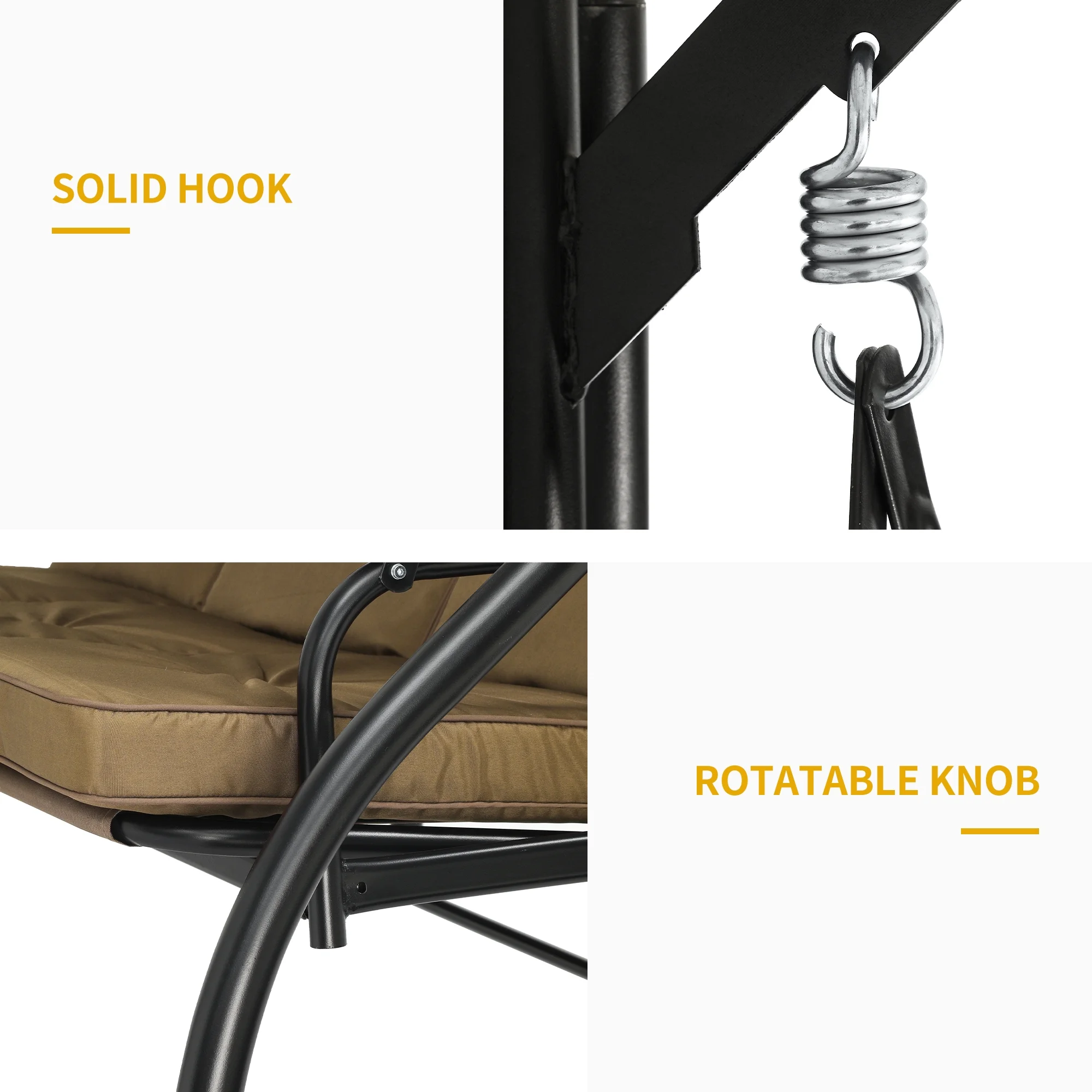 Dextrus Outdoor Patio Swing Bed for 3 People with Adjustable Canopy and Removable Cushion, Designed for Adults in Garden, Poolside or Balcony, Light Brown