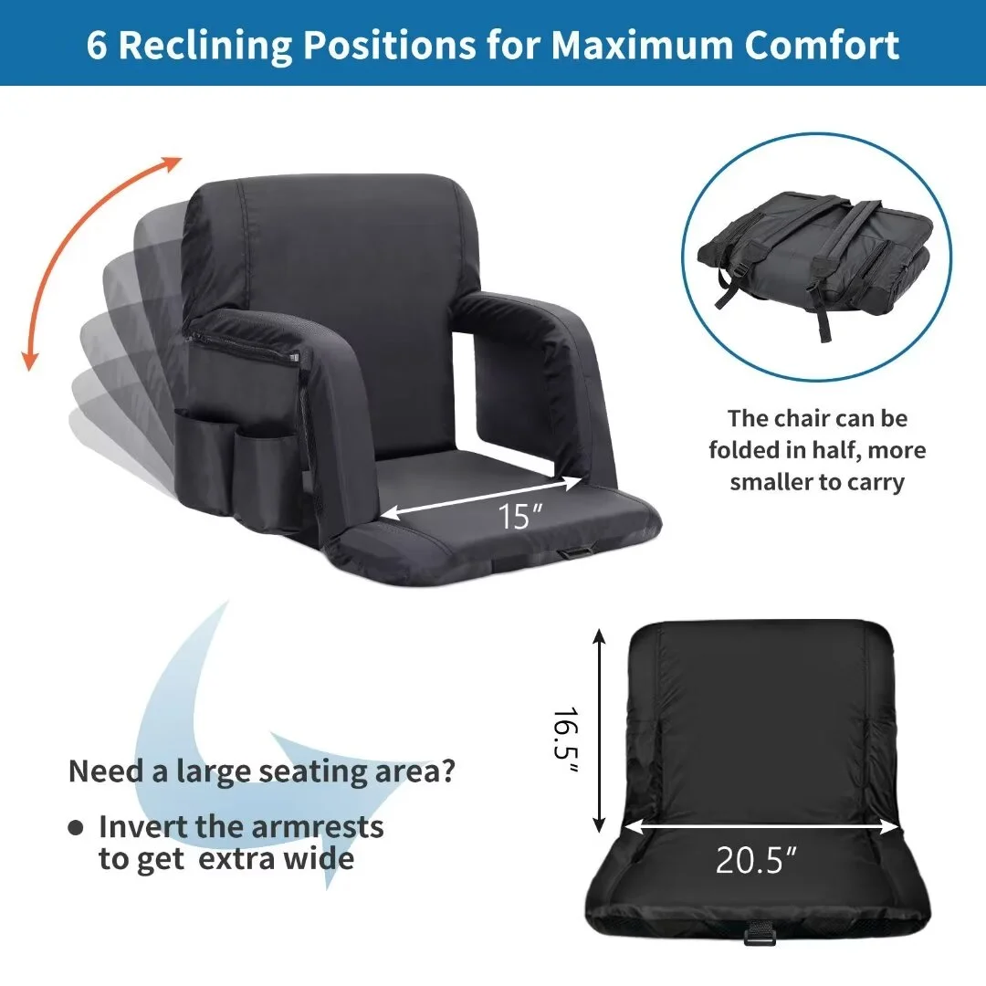 Docred 2-Pack Large Size Stadium Seat Chair for Bleacher ,Foldable with Padded Back Support,6 Reclining Positions,Black