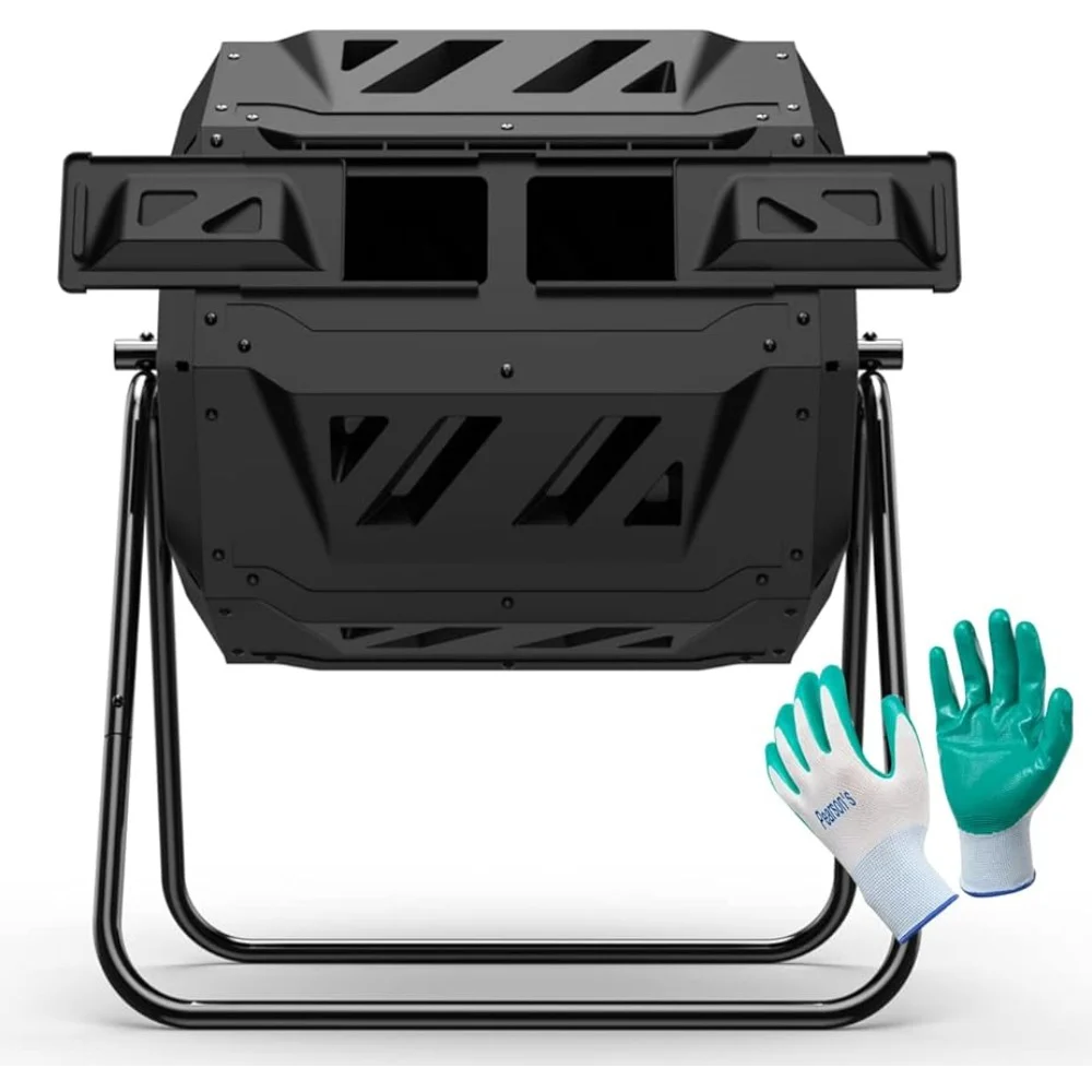 Compost Tumbler Bin Composter Dual Chamber 43 Gallon (Bundled with Pearson's Gardening Gloves) Black