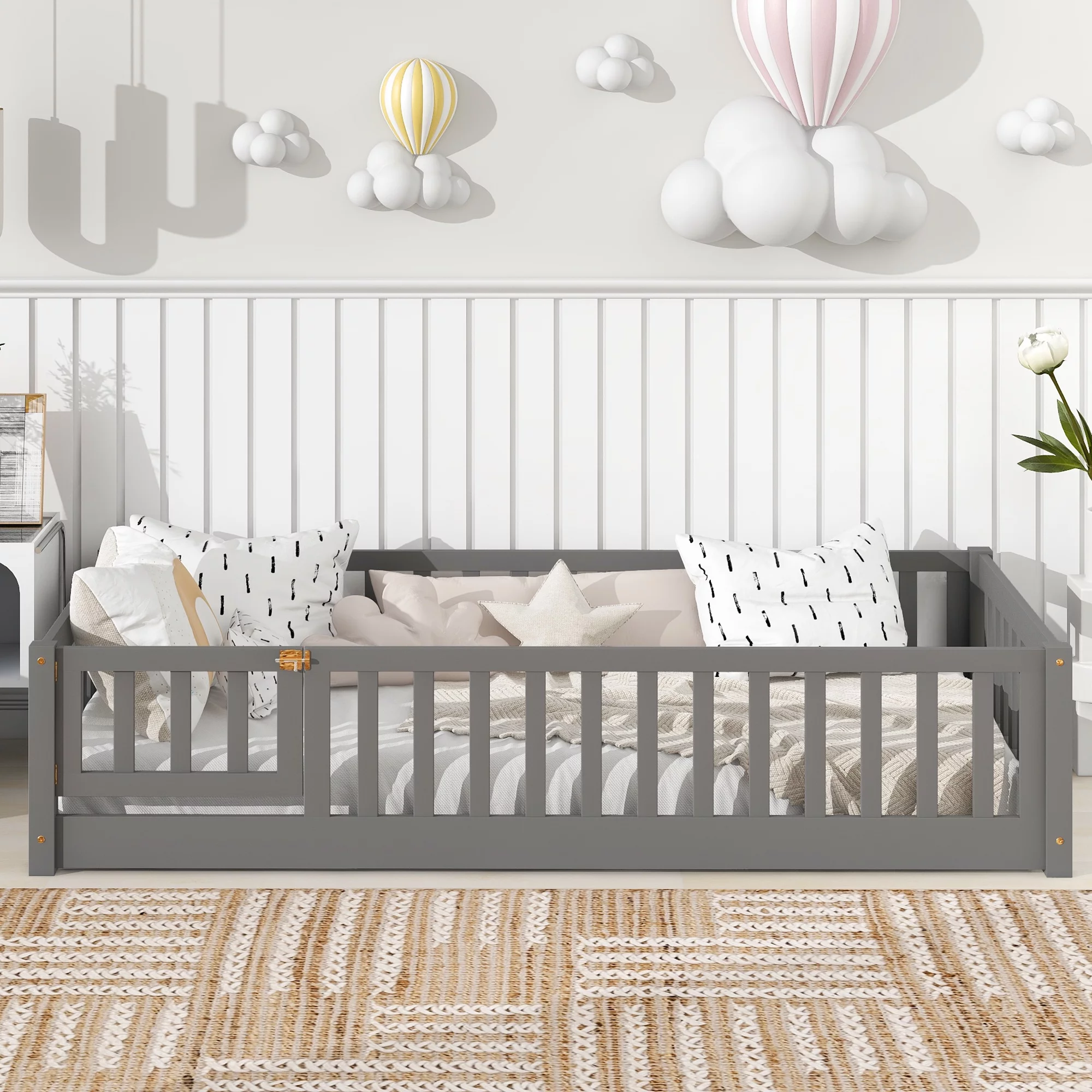 PAPROOS Twin Size Floor Platform Bed with Fence and Door, Solid Wood Playhouse Bed for Kids, Toddlers, Boys, Girls, No Box Spring Needed, Montessori Bed Frame with Support Slats, Twin Bed Frame, Gray