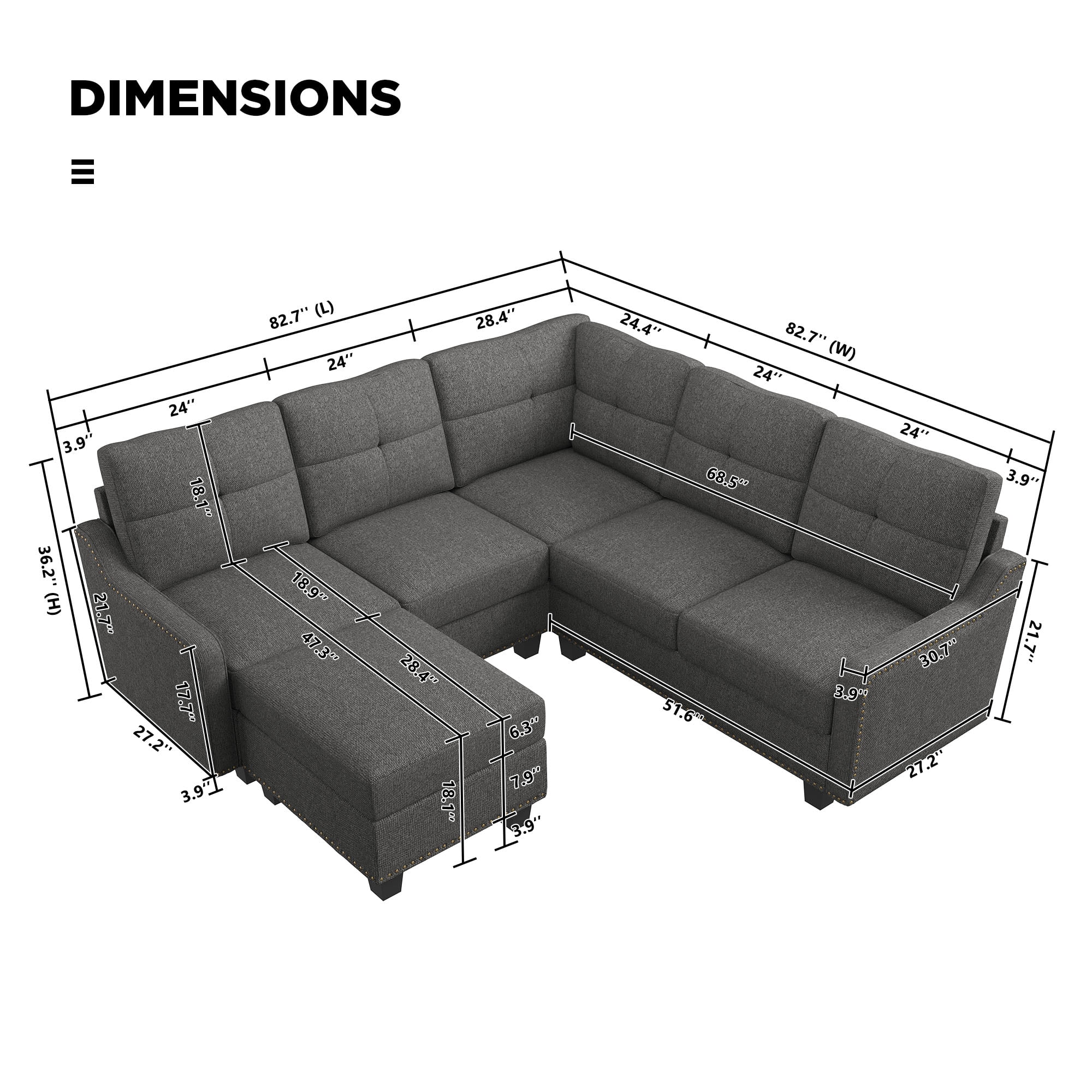 HONBAY Modern Convertible Nailhead Trim Sofa Set with Storage Ottoman, Dark Gray Sofa Set for Living Room
