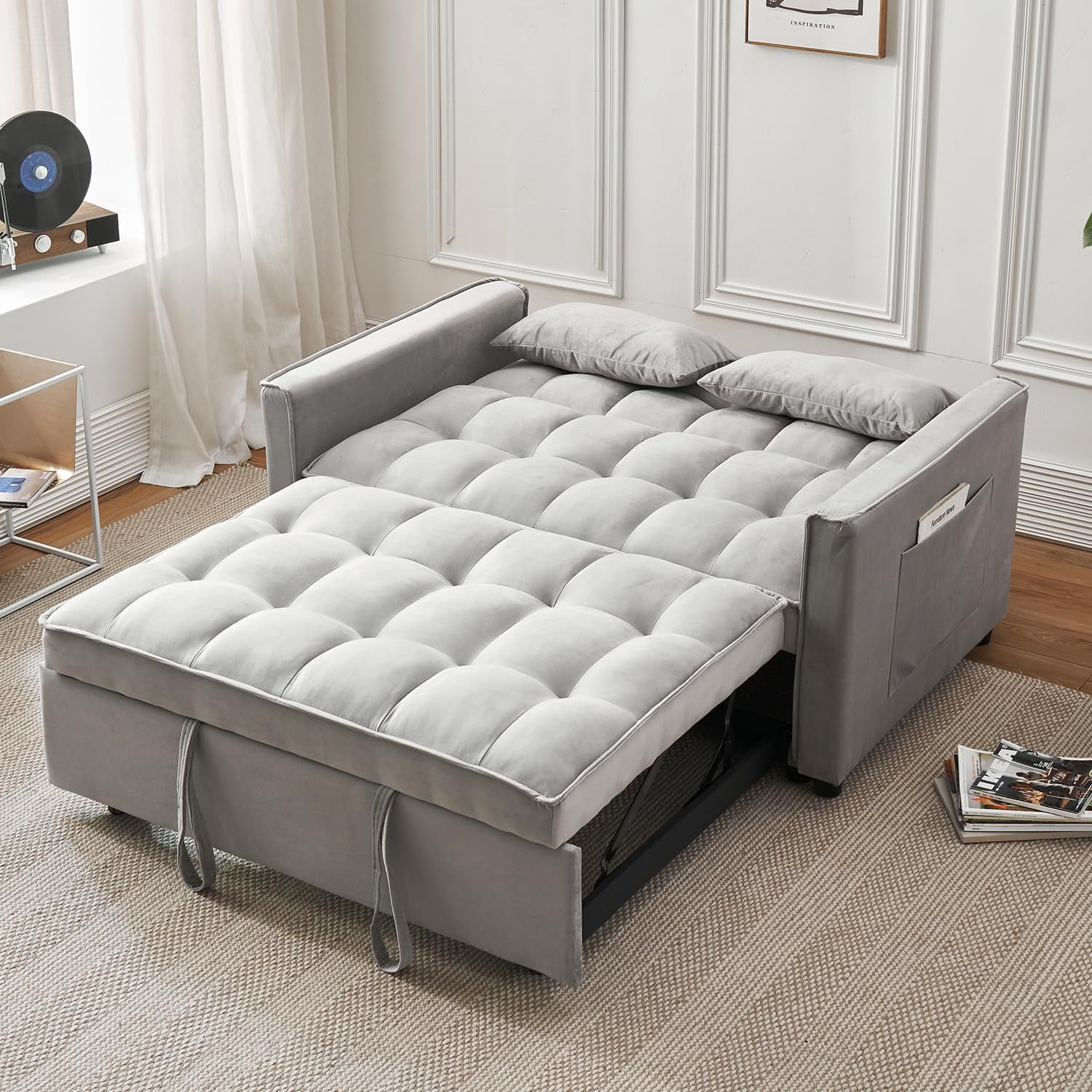 Tzicr 55.5'' 3-in-1 Convertible Sleeper Sofa Bed, Modern Velvet Loveseat Futon Couch Pullout Bed with Adjustable Backrest, Side Storage Pockets and Pillows. (Grey)