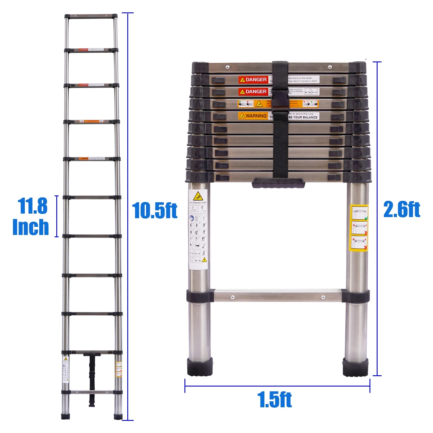 10.5ft Telescoping Ladder Stainless Steel Construction Portable Folding Extension Ladder for Home Office RV Attic Building Maintenance, 330lbs Load Capacity, EN131 Standard, with Slip-Proof Feet