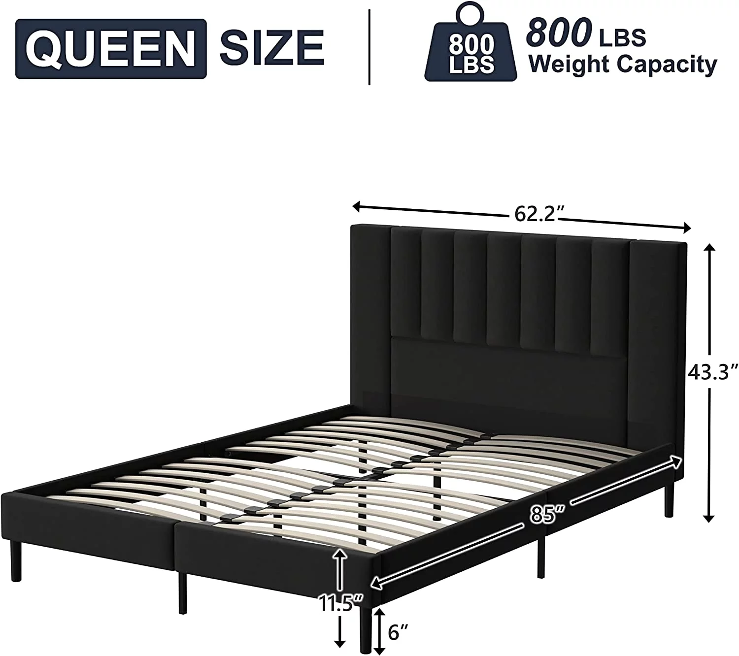 Flolinda Queen Bed Frame Upholstered Bed Frame with Vertical Channel Tufted Complete High Headboard, Black