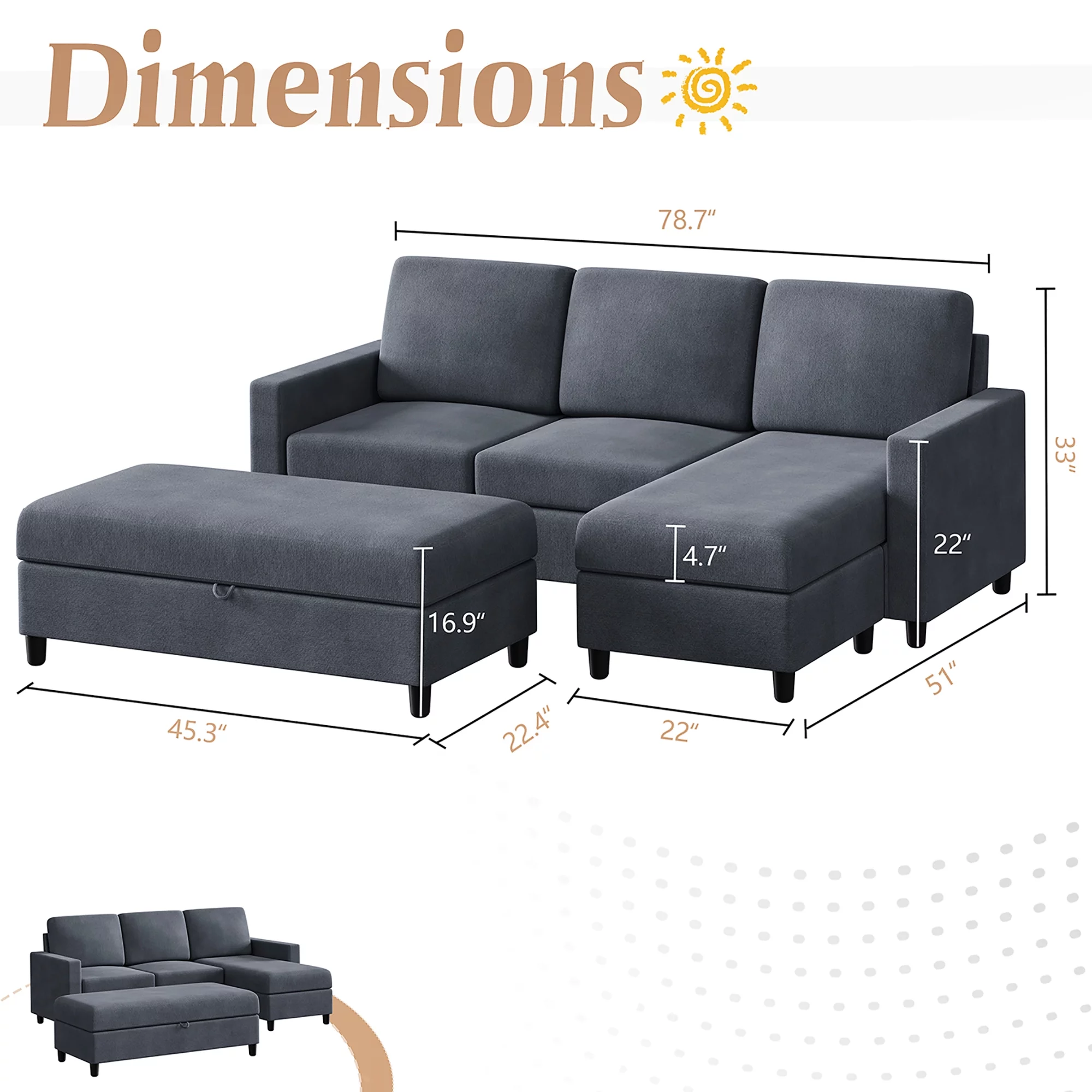 Convertible Sectional Sofa Couch with Storage Ottoman, L-Shaped Wide Reversible Chaise with Linen Fabric(Deep Grey)
