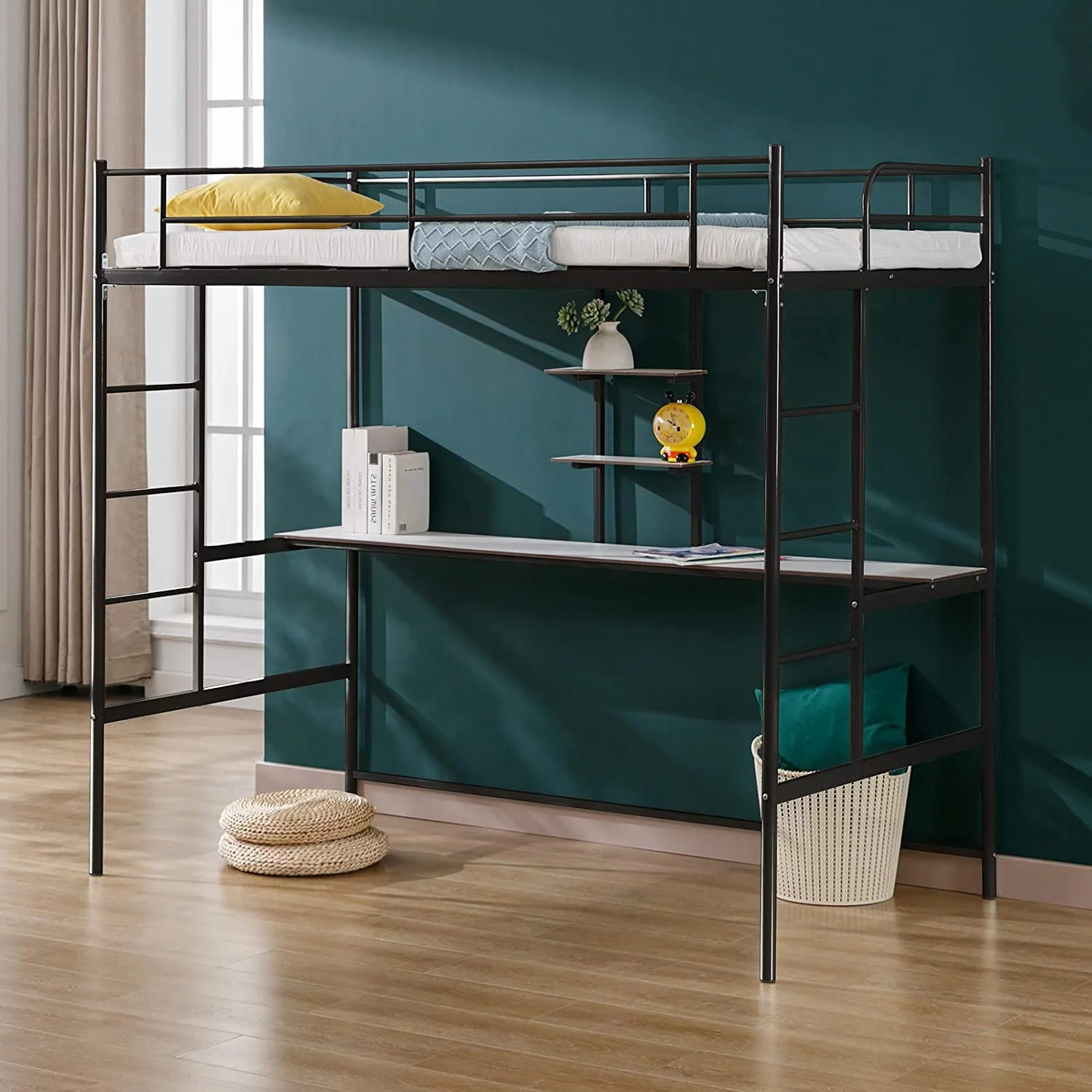 Cuoote Twin Size Metal Loft Bed with Desk, 2 Storage Shelves, Safety Ladder, and Guard Rail, Space-Saving Design, No Box Spring Needed, Black