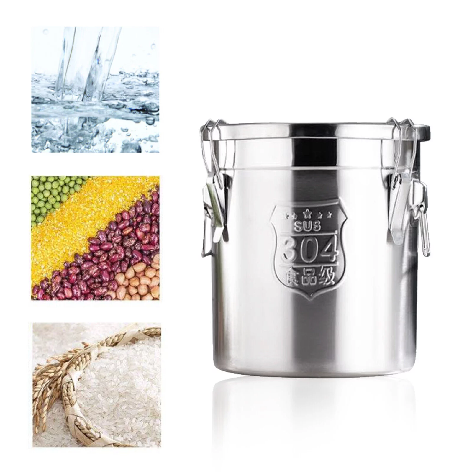 Silver 6L Household Stainless Food Barrel Bucket Dry Food Storage Container with Lid