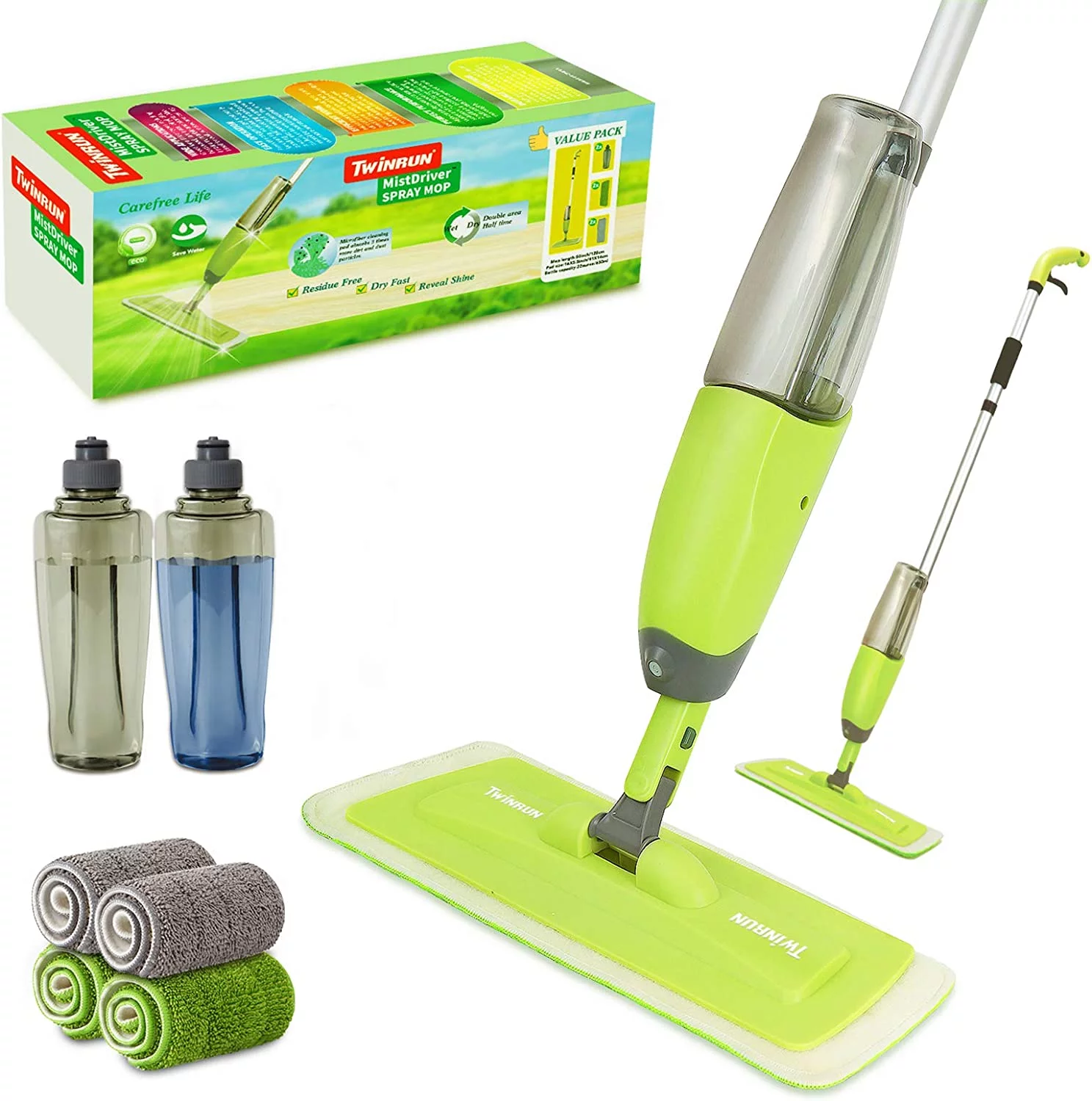 TWINRUN Microfiber Spray Mop for Floor Cleaning with 2 Refillable Water Bottles 4 Washable Mop Pads, 650 ml