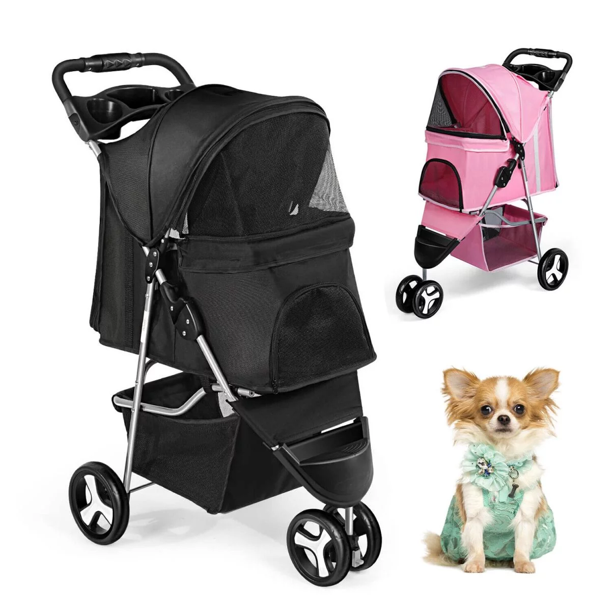 WSYW 3 Wheels Foldable Pet Stroller Cat Dog Travel Carrier Breathable with Basket Purple