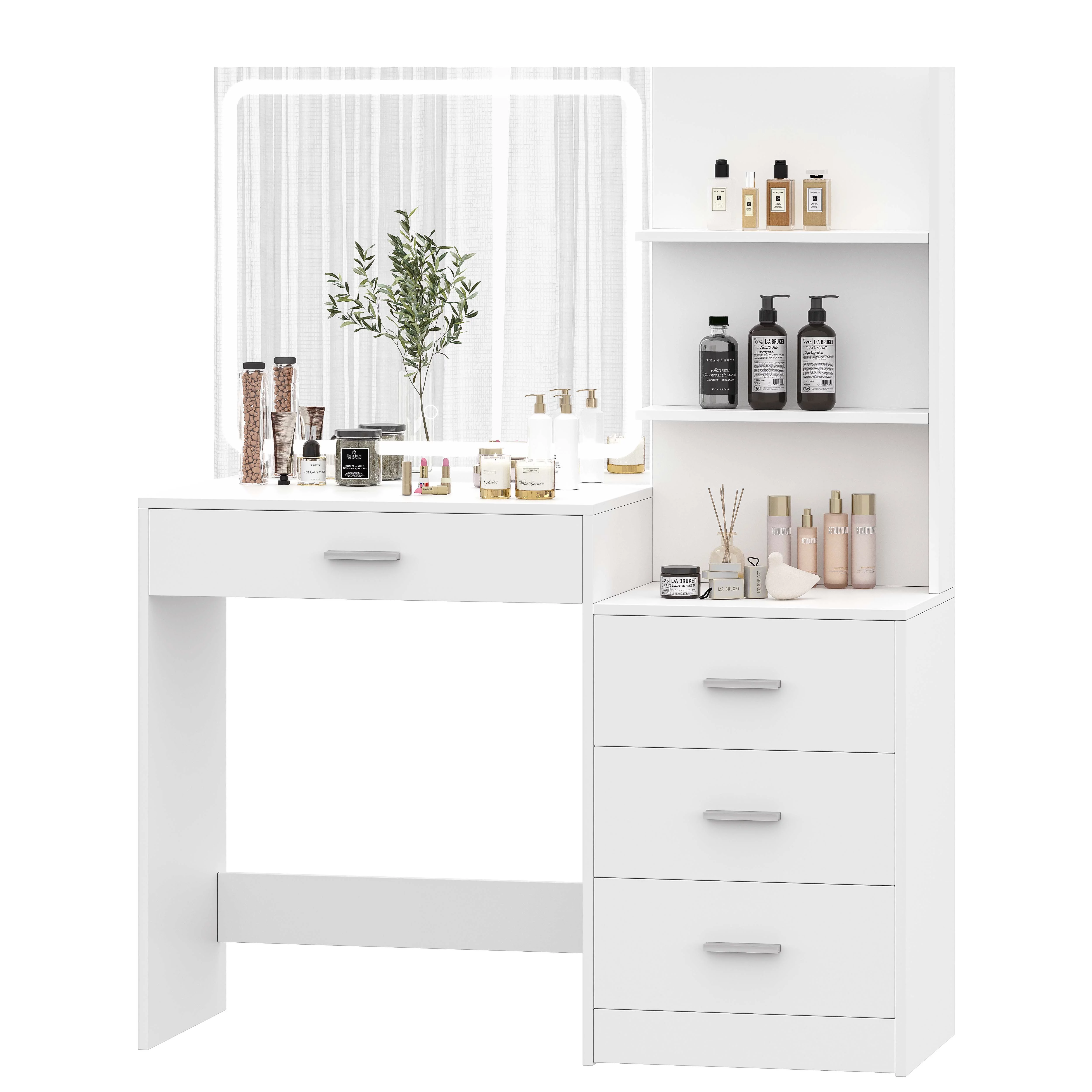 Rovaurx Makeup Vanity Table with Lights and Mirror, Storage Shelf & 4 Drawers, Dressing Desk, White