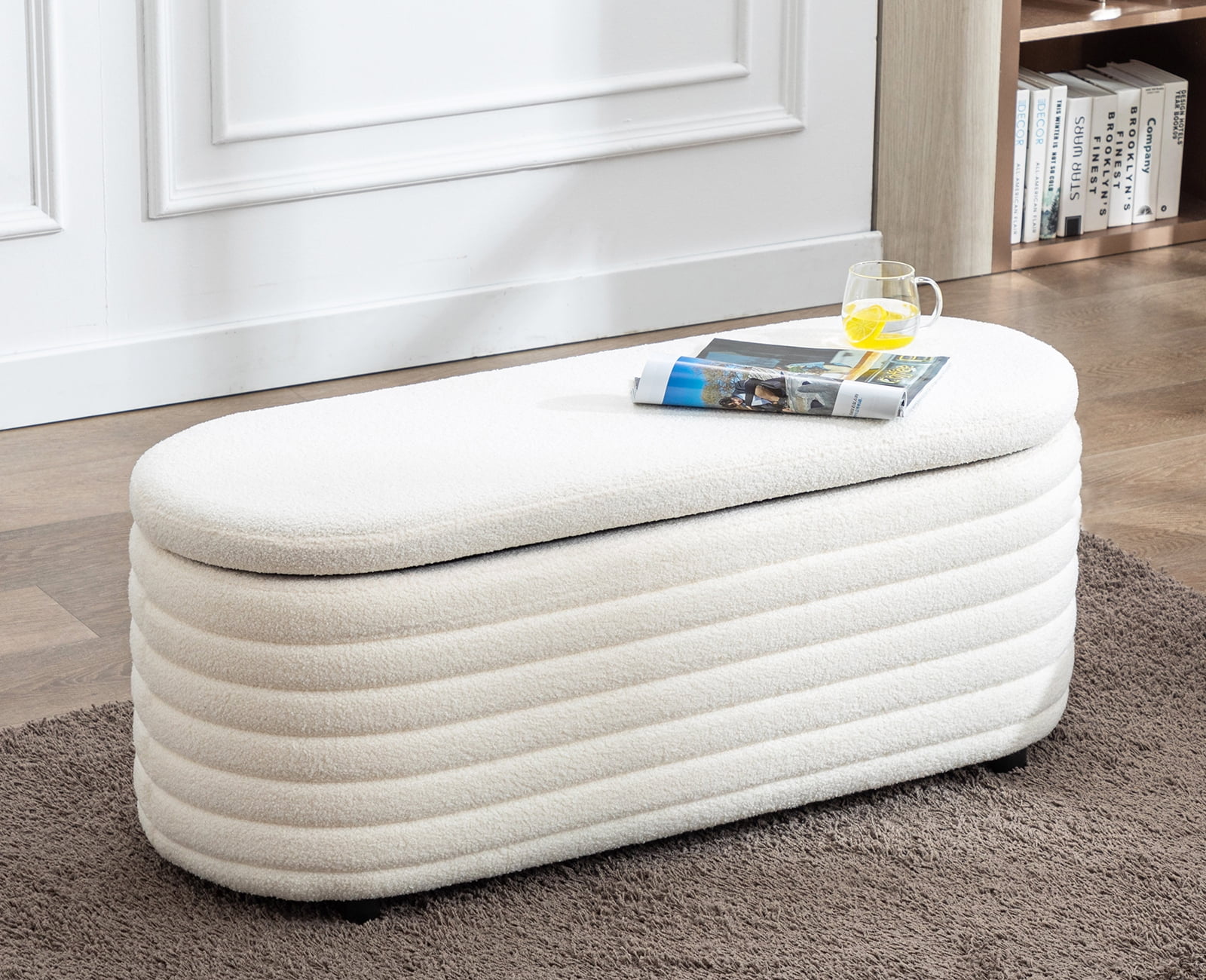 Guyou Storage Ottoman Bench, Upholstered Faux Fur Modern End of Bed Stool Entryway Bench with Safety Hinges for Bedroom Living Room Hallway, White