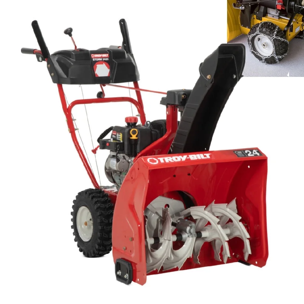 Restored Troy-Bilt Storm 2420 Two- Stage Gas Snow Blower | 24 in. | 208 cc | Electric Start | Self Propelled | Include Snow Tire Chains (Refurbished)